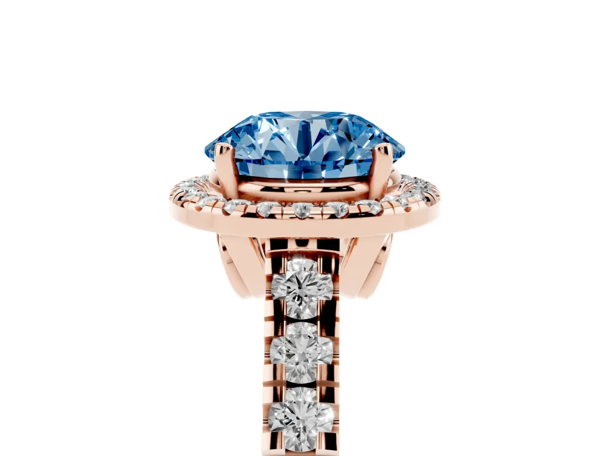 Fancy Blue Round Cut Halo Pavé Diamond Engagement Ring with Four-Prong Setting Rose gold