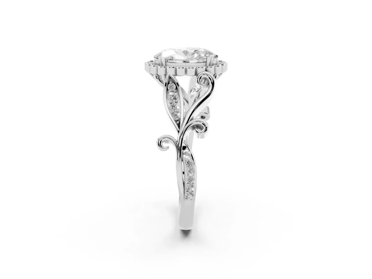 Oval Cut Diamond Halo Ring with Vintage Split Shank and Four-Prong Setting Silver
