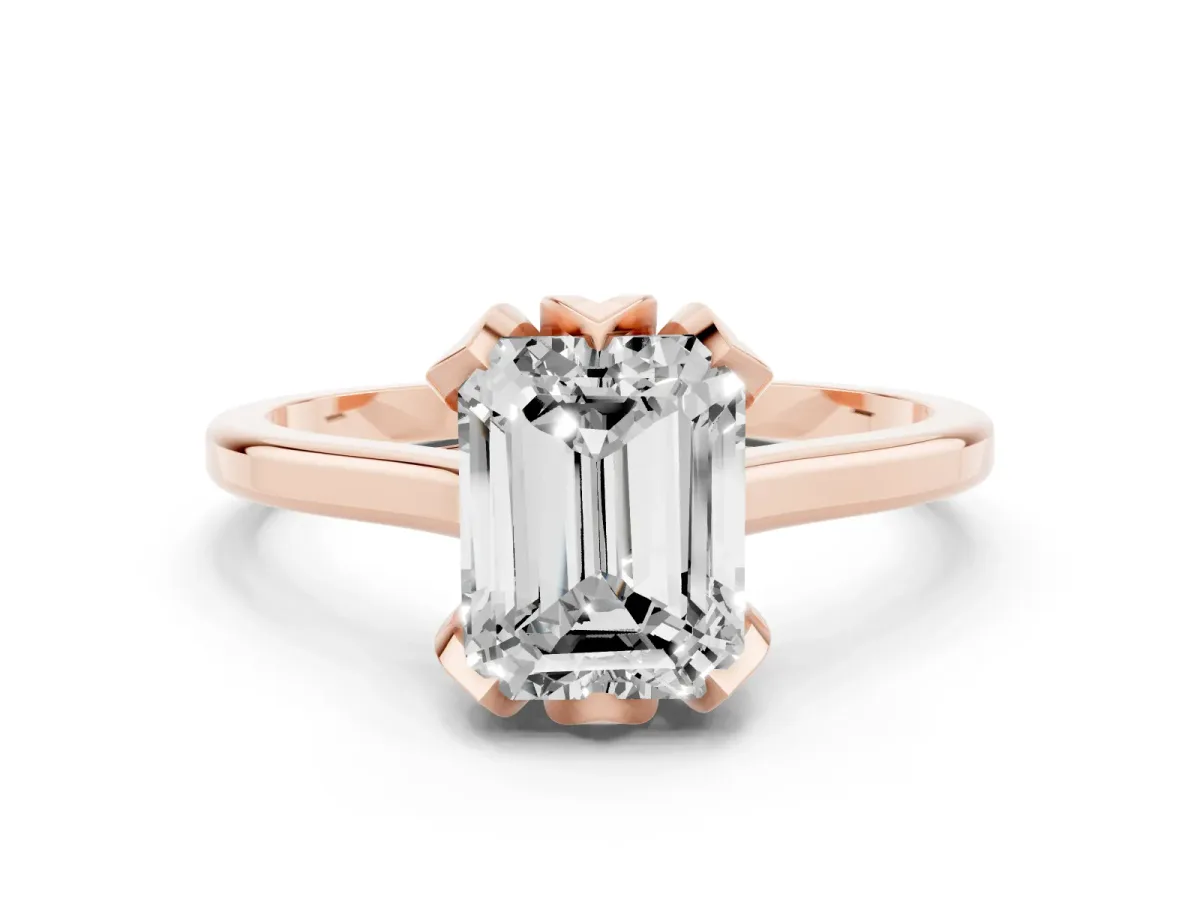Emerald Cut Diamond Solitaire Ring with Flower Prong Setting and Classic Band Rose gold