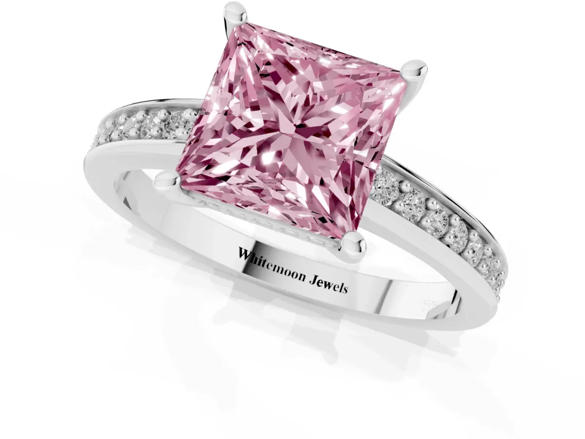 Fancy Pink Princess Cut Solitaire Pavé Band Prong Setting Ring Silver