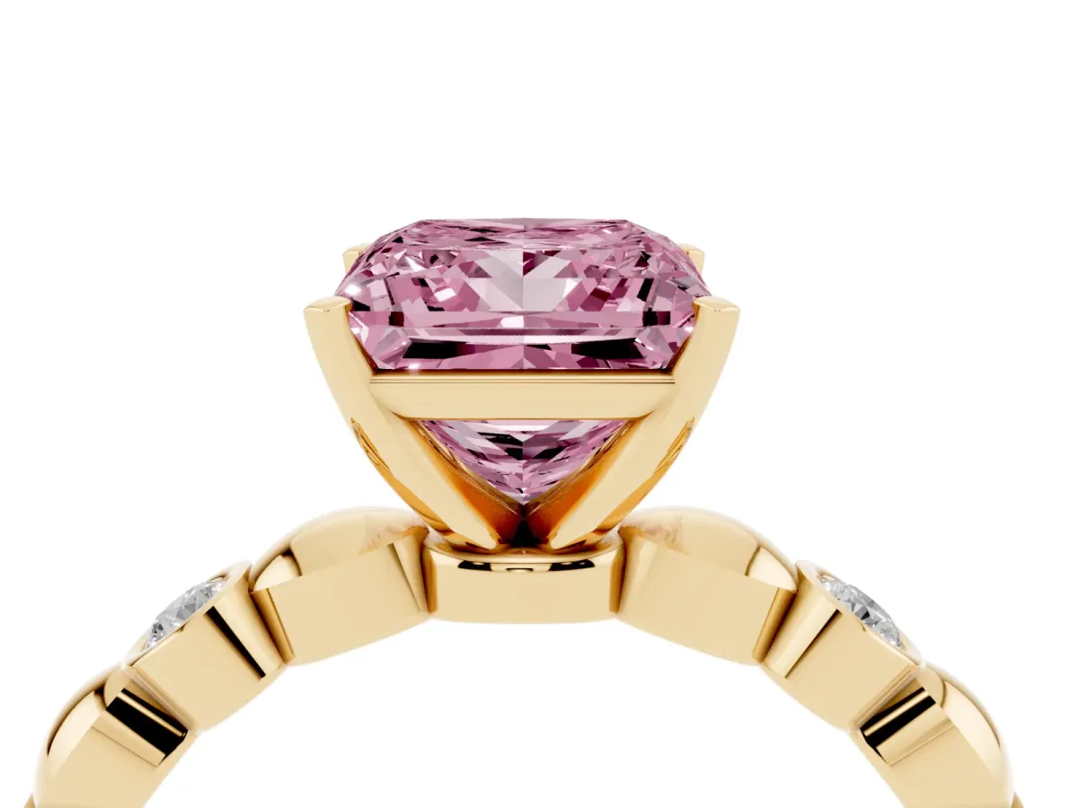 Fancy Pink Princess Cut Solitaire Bezel-Set Diamond Ring with Beaded Band and Four-Prong Setting Yellow gold