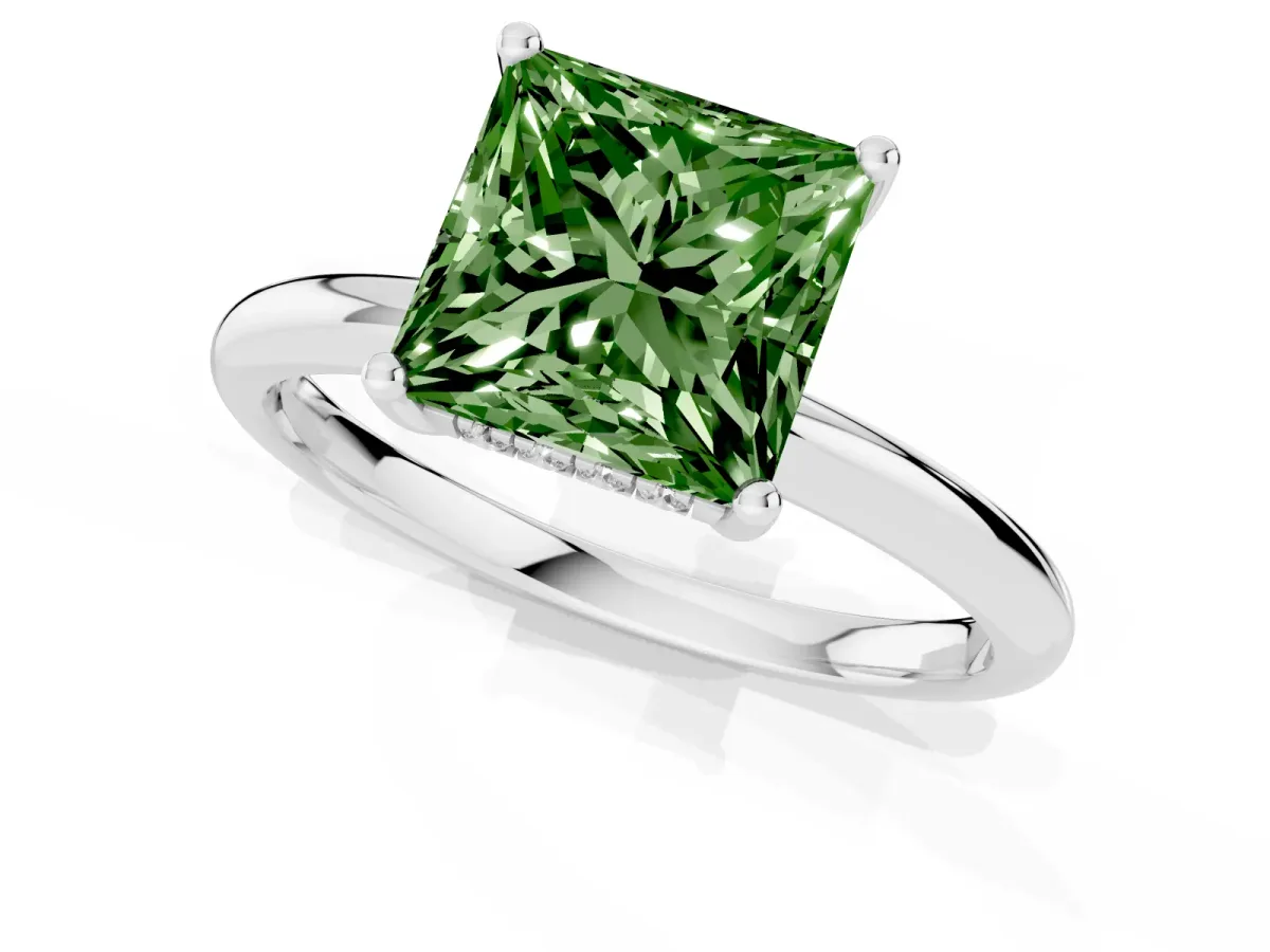 Fancy Green Princess Cut Cut Solitaire Engagement Ring with Four-Prong Setting and Classic Band White gold