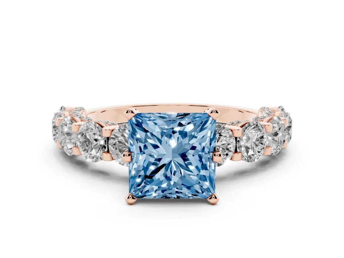 Fancy Blue Princess Cut Diamond Side Stone Engagement Ring with Four-Prong Setting Rose gold
