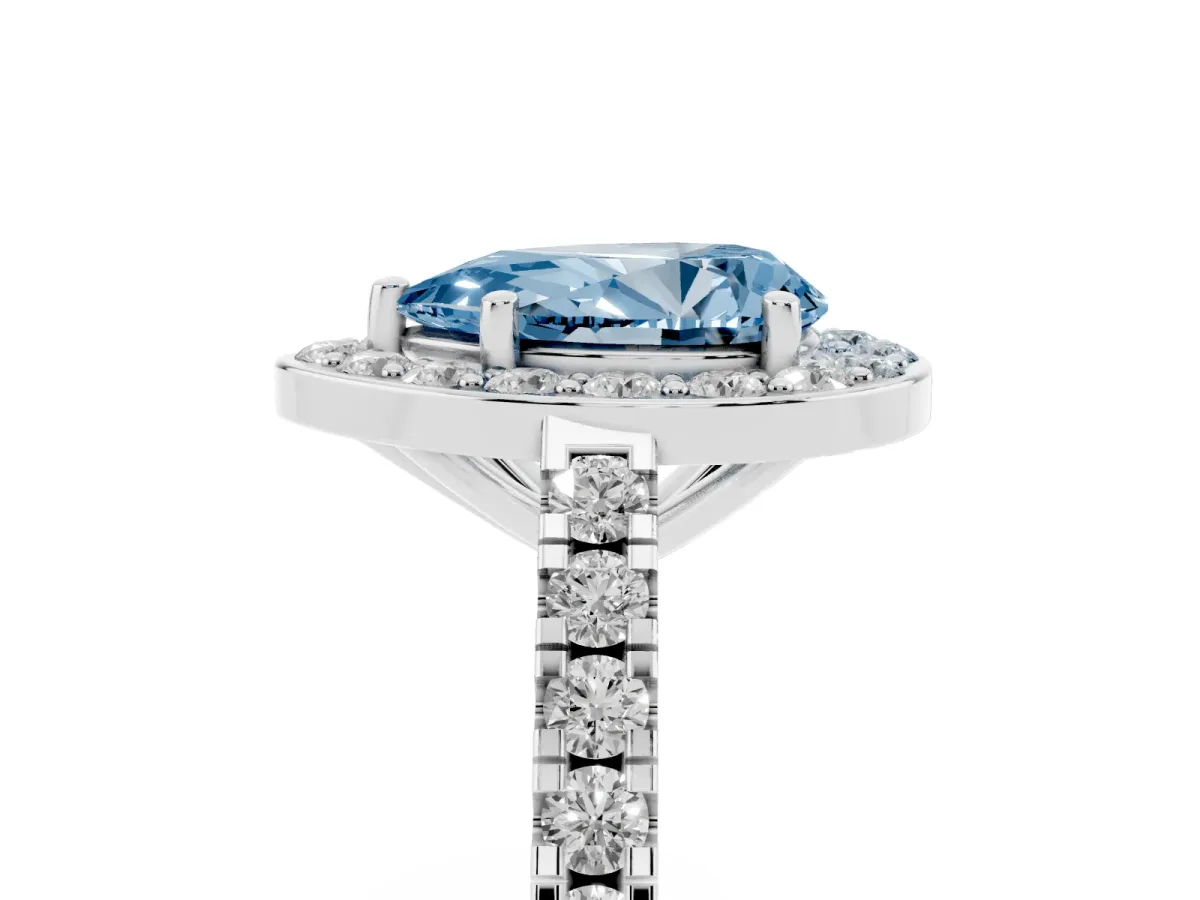 Fancy Blue Pear Cut Diamond Halo Ring with Round Pavé Split Shank and Prong Setting Platinum