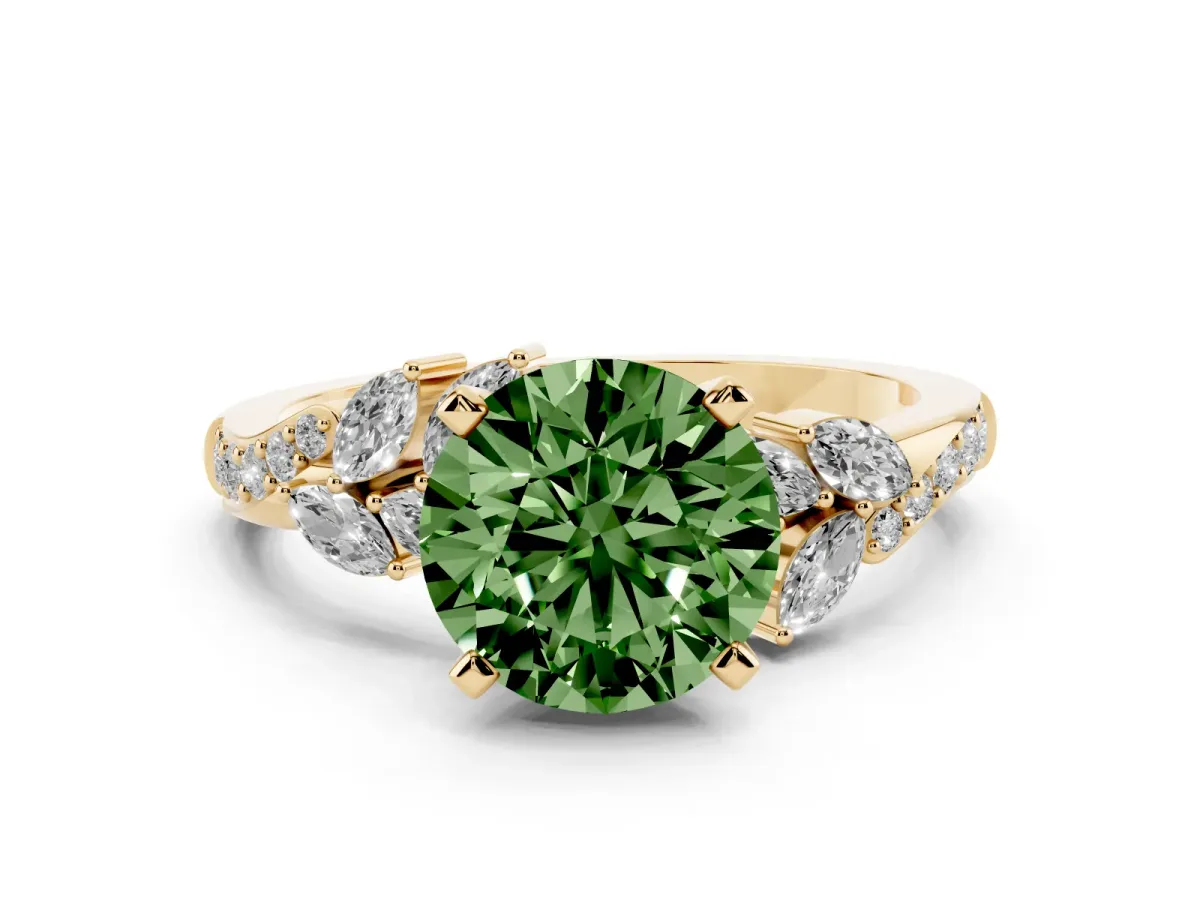 Fancy Green Round Cut Solitaire Marquise Twist Band with Six-Prong Setting Yellow gold