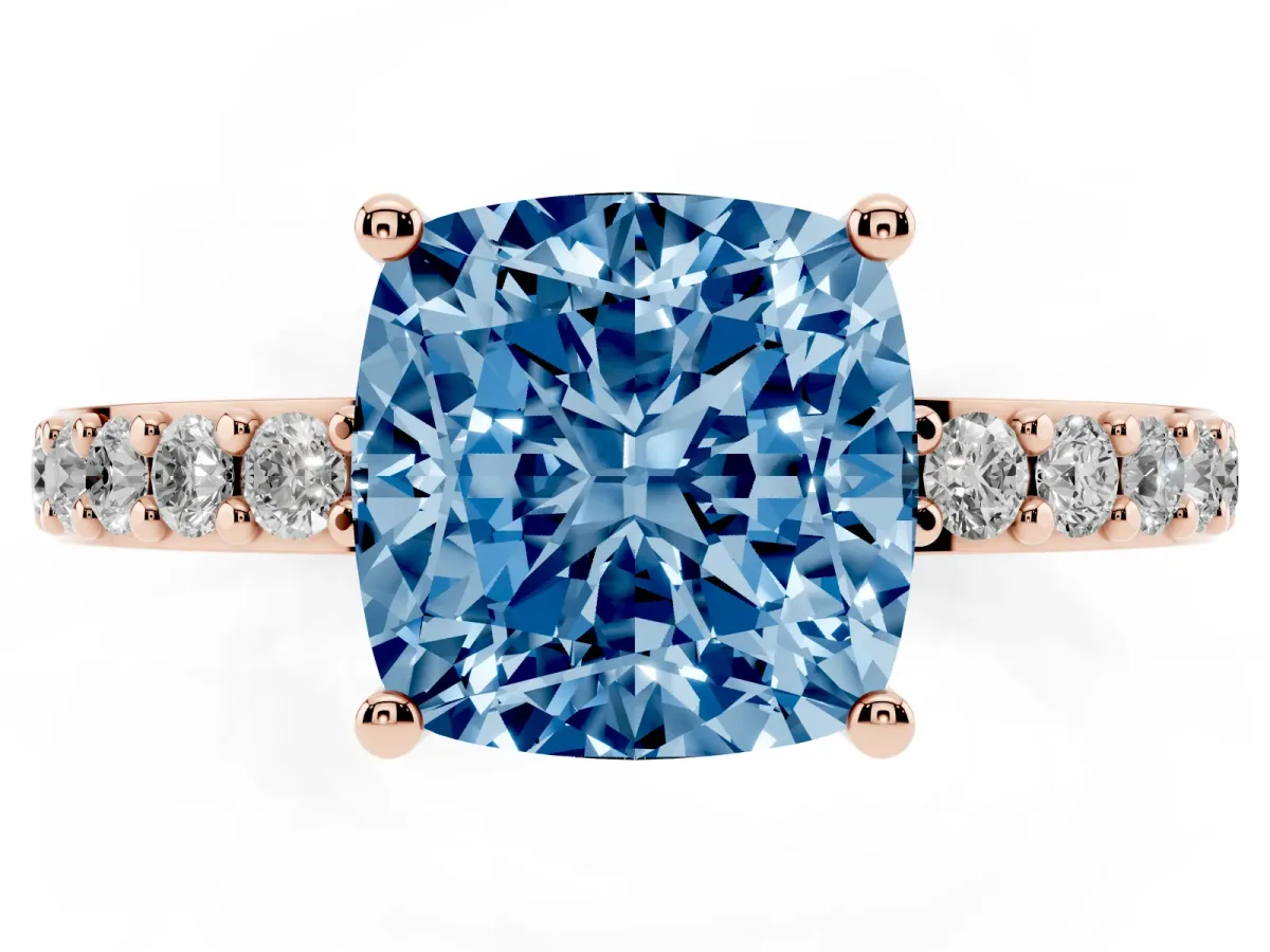 Fancy Blue Cushion Cut Cut Diamond Solitaire with Pave Band and Four-Prong Setting Rose gold