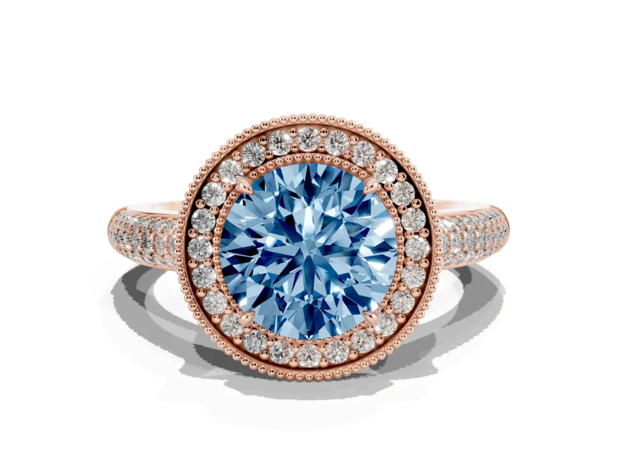 Fancy Blue Round Cut Cut Halo Diamond Pave Band with Four-Prong Setting Rose gold