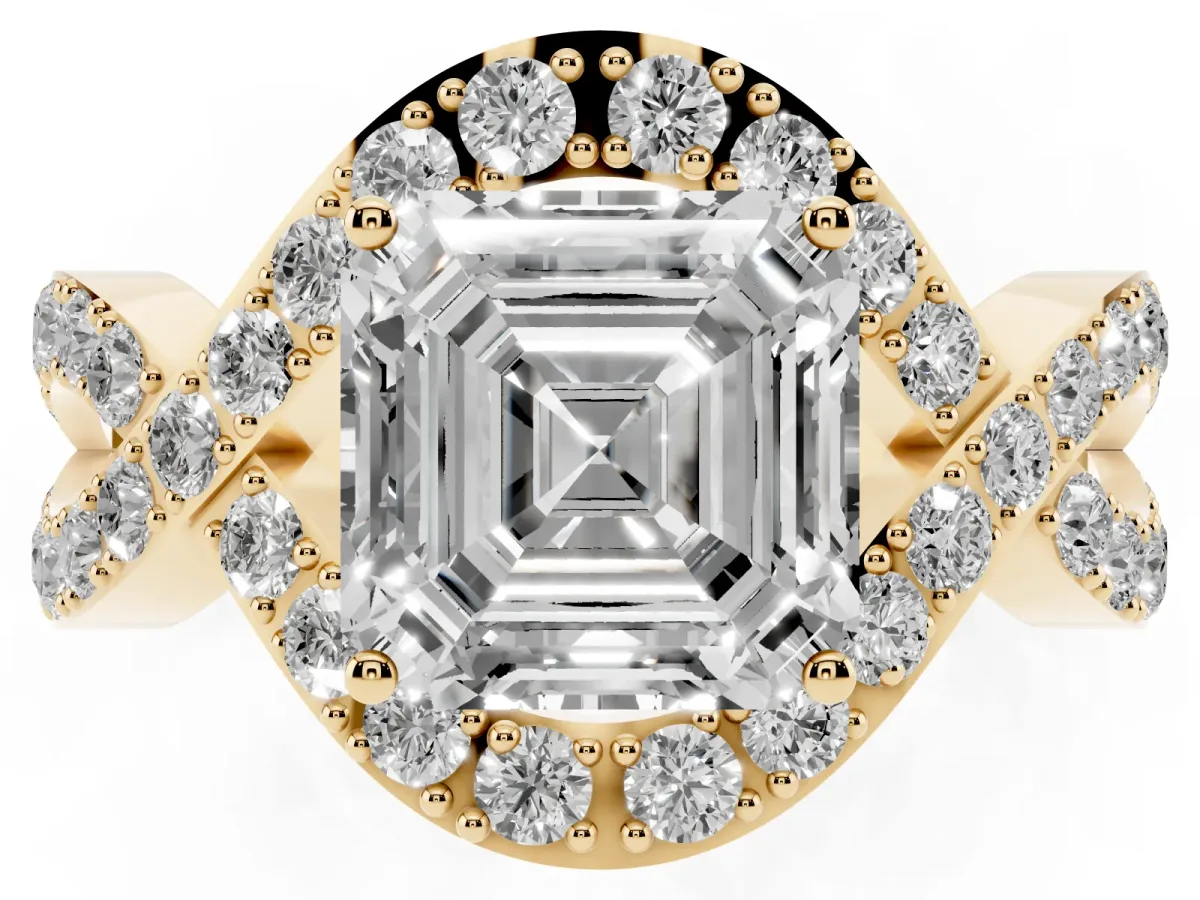 Asscher Cut Solitaire Twist Band Pavé Diamond Engagement Ring Yellow gold