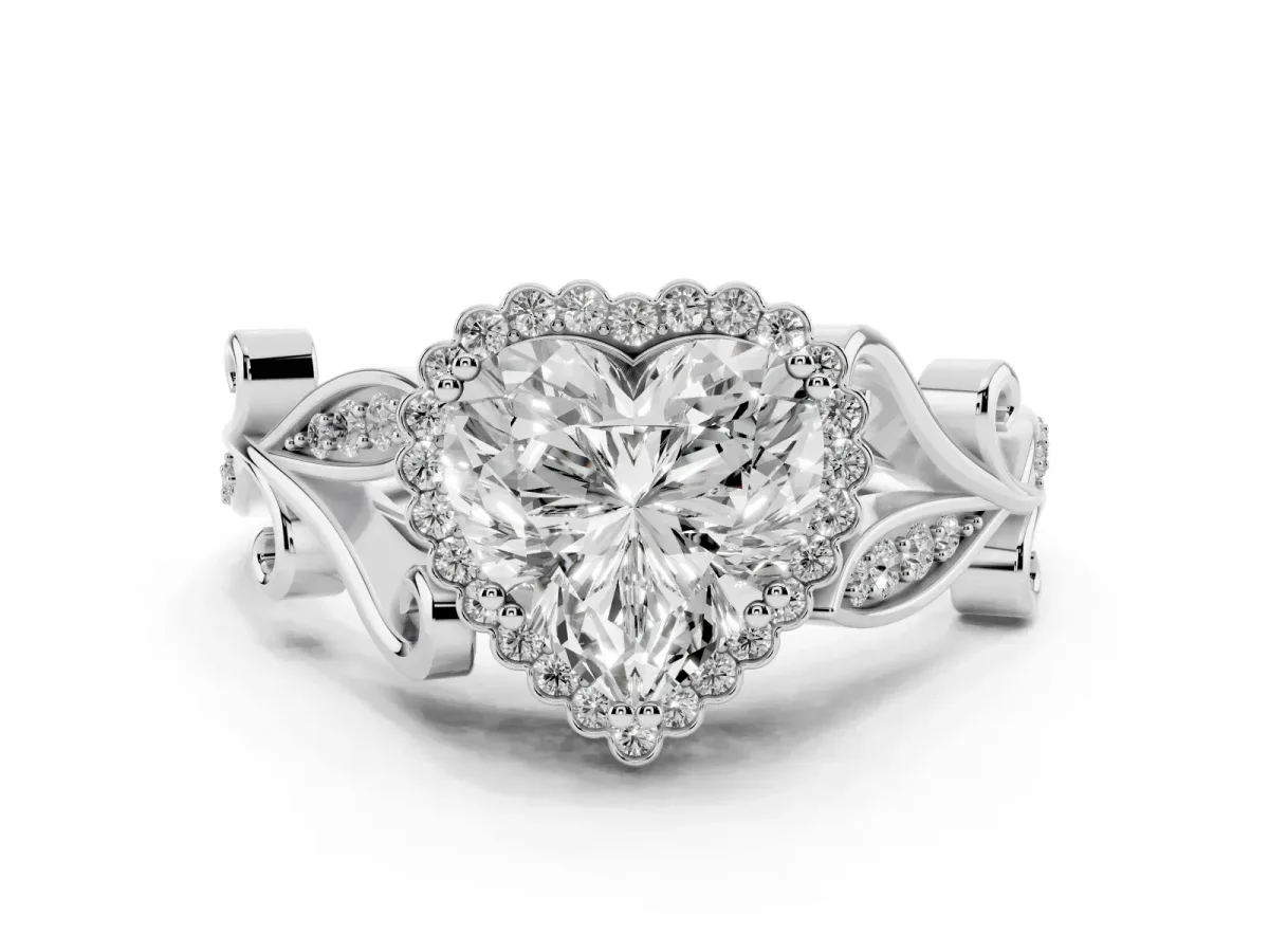 Heart Cut Diamond Halo Ring with Vintage Split Shank and Four-Prong Setting Silver