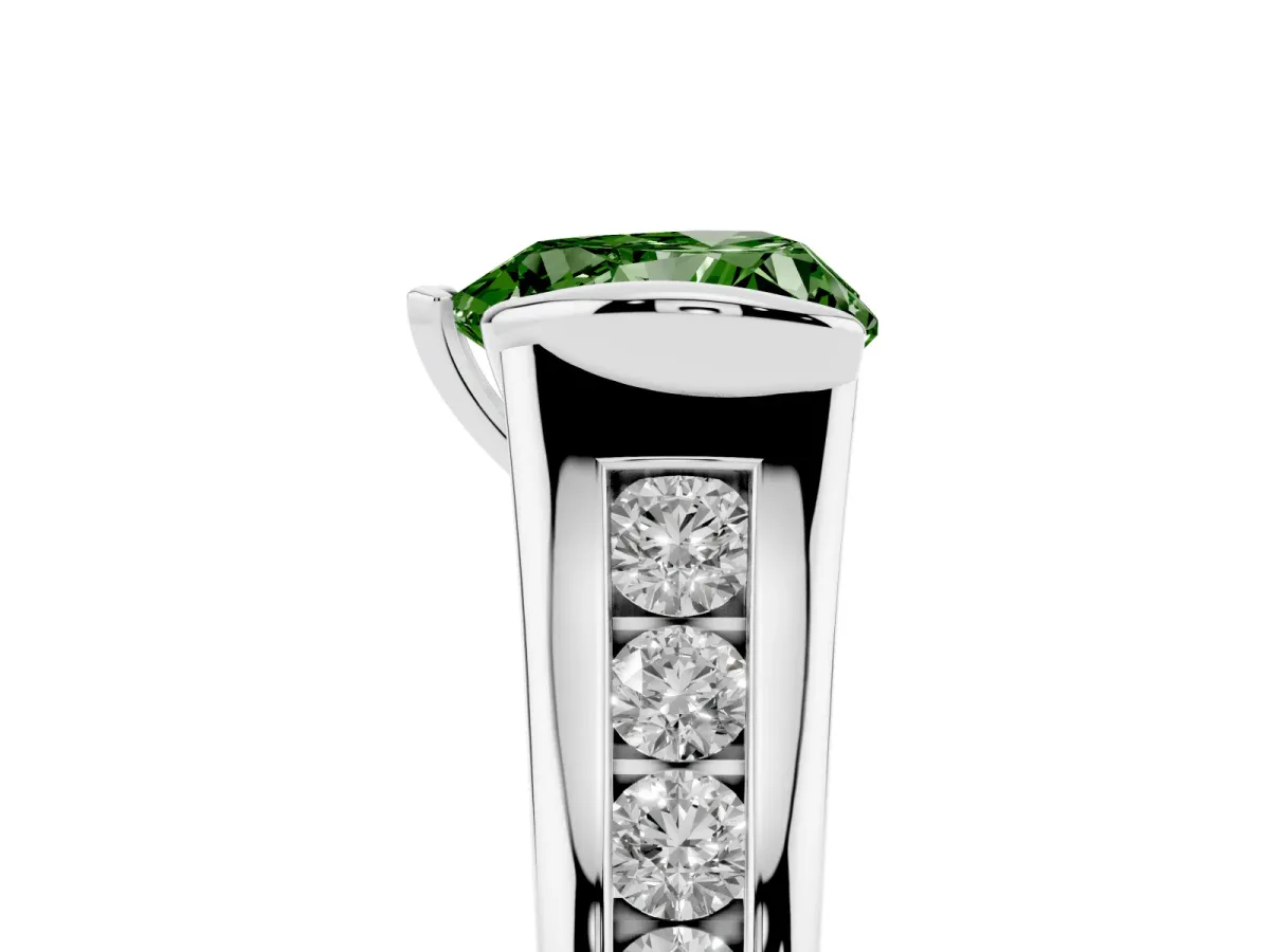 Fancy Green Heart Cut Solitaire Bezel-Set Diamond Ring with Channel-Set Band Silver
