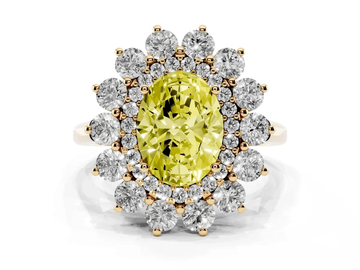 Fancy Yellow Oval Cut Diamond Floral Double Halo Engagement Ring with Prong Setting Yellow gold