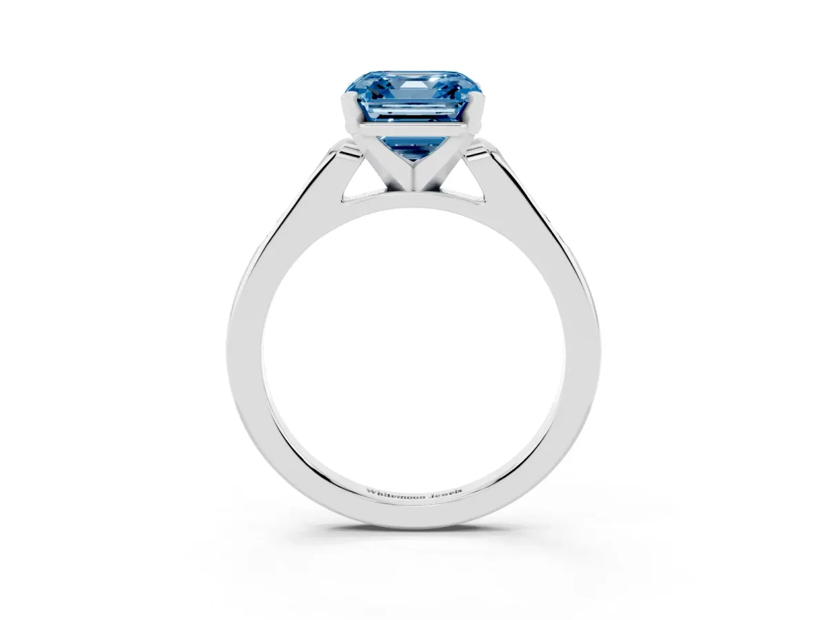 Fancy Blue Asscher Cut Diamond Solitaire Ring with Channel Set Round Band and Prong Setting Silver