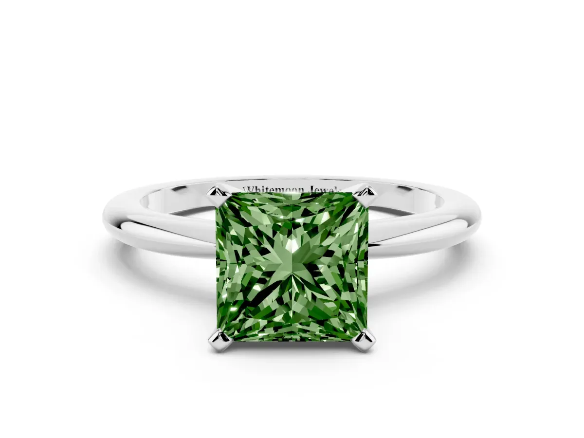 Fancy Green Princess Cut Diamond Solitaire Ring with Prong Setting and Classic Band Silver