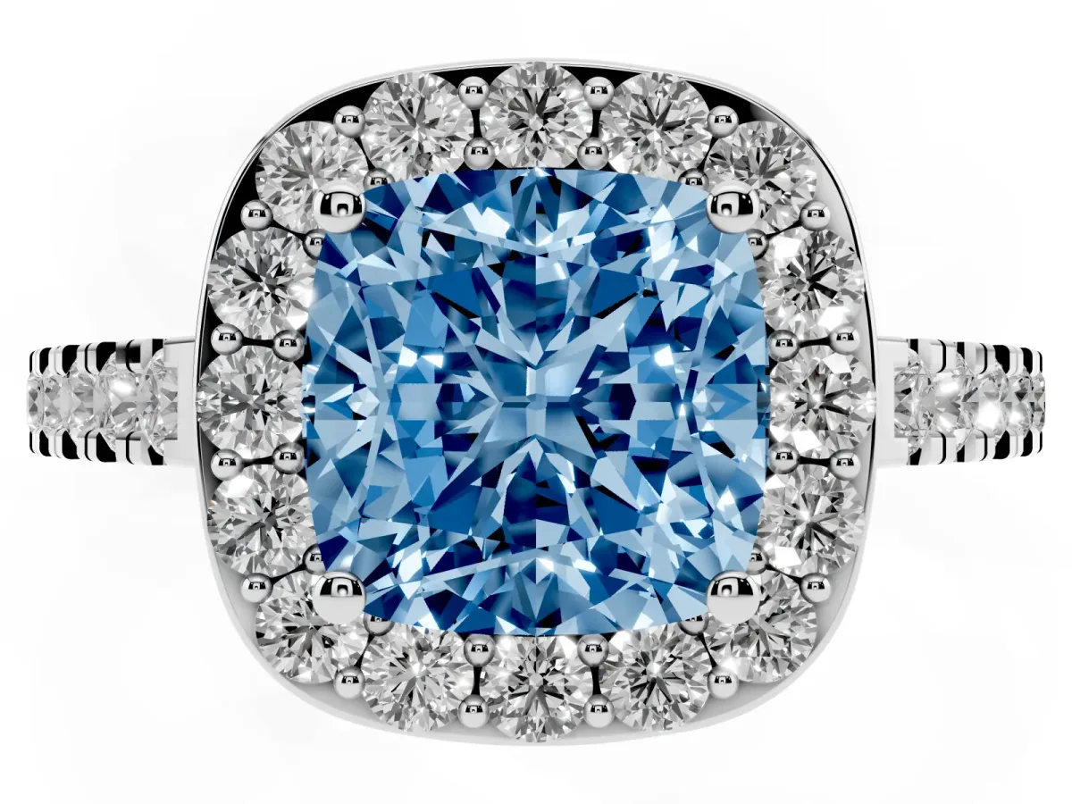 Fancy Blue Cushion Cut Diamond Halo Ring with Round Pavé Split Shank and Prong Setting Silver