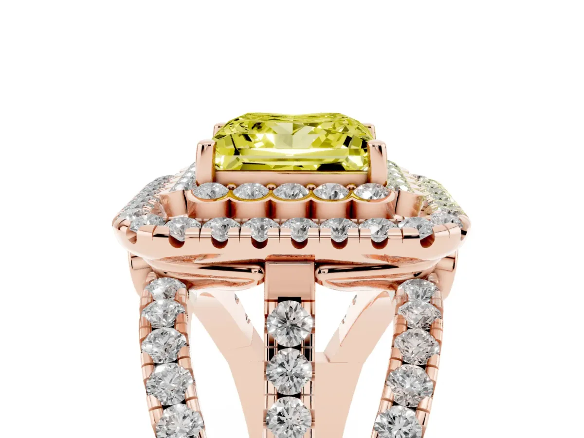 Fancy Yellow Princess Cut Diamond Double Halo Ring with Round Pavé Split Shank and Prong Setting Rose gold