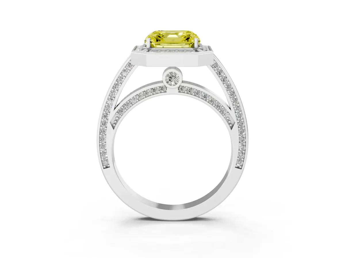 Fancy Yellow Asscher Cut Cut Halo Pave Split Shank Prong Setting Ring Silver