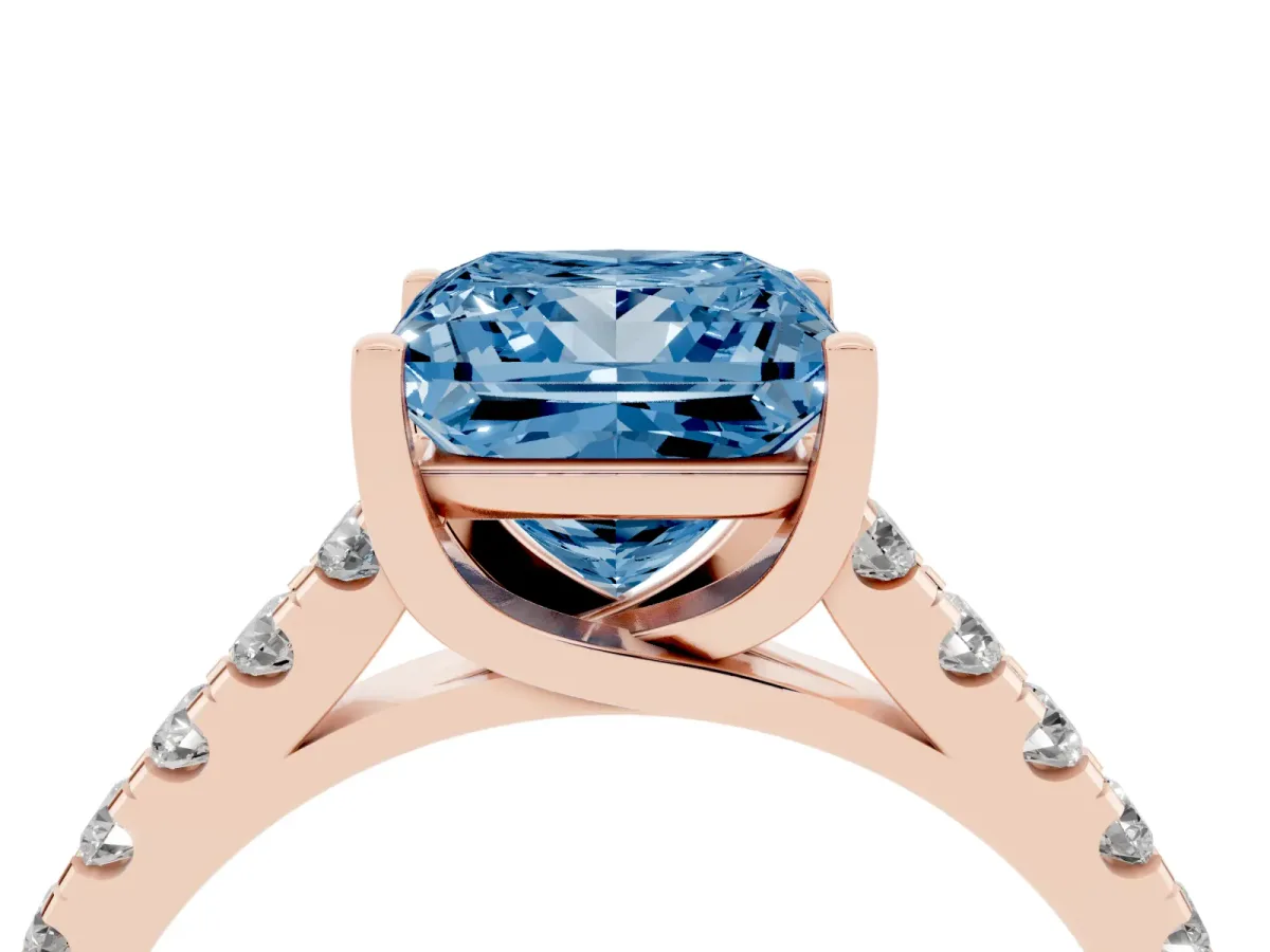 Fancy Blue Princess Cut Diamond Pavé Band Solitaire Ring with Prong Setting Rose gold