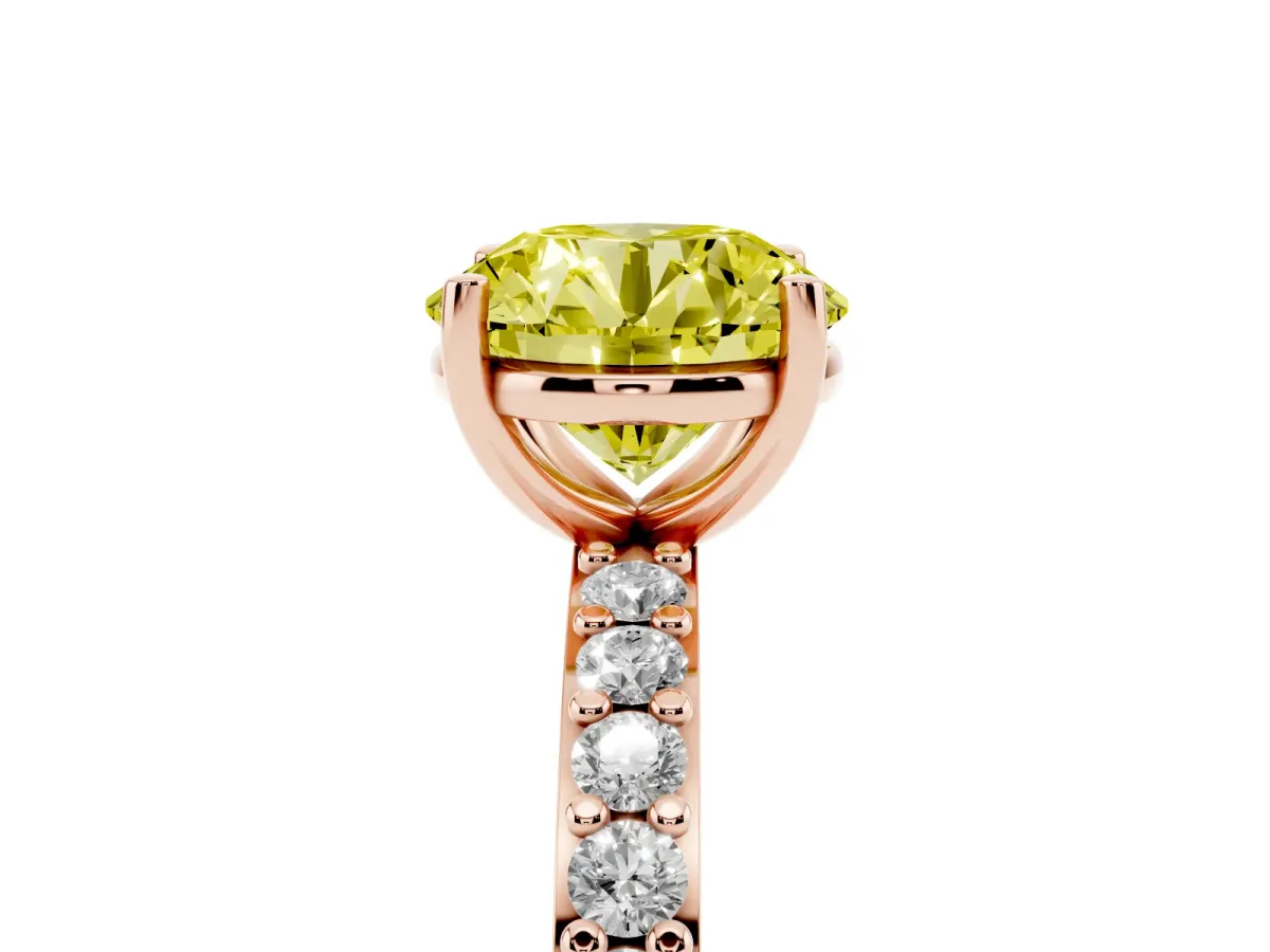 Fancy Yellow Round Cut Cut Diamond Solitaire with Pave Band and Four-Prong Setting Rose gold
