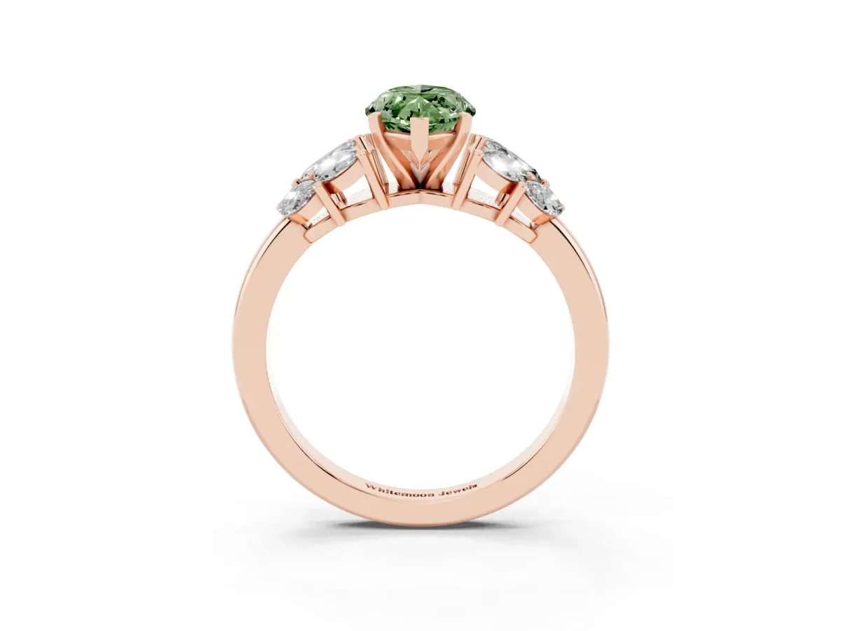 Fancy Green Marquise Cut Diamond Cluster Leaf Design Ring with Prong Setting Rose gold