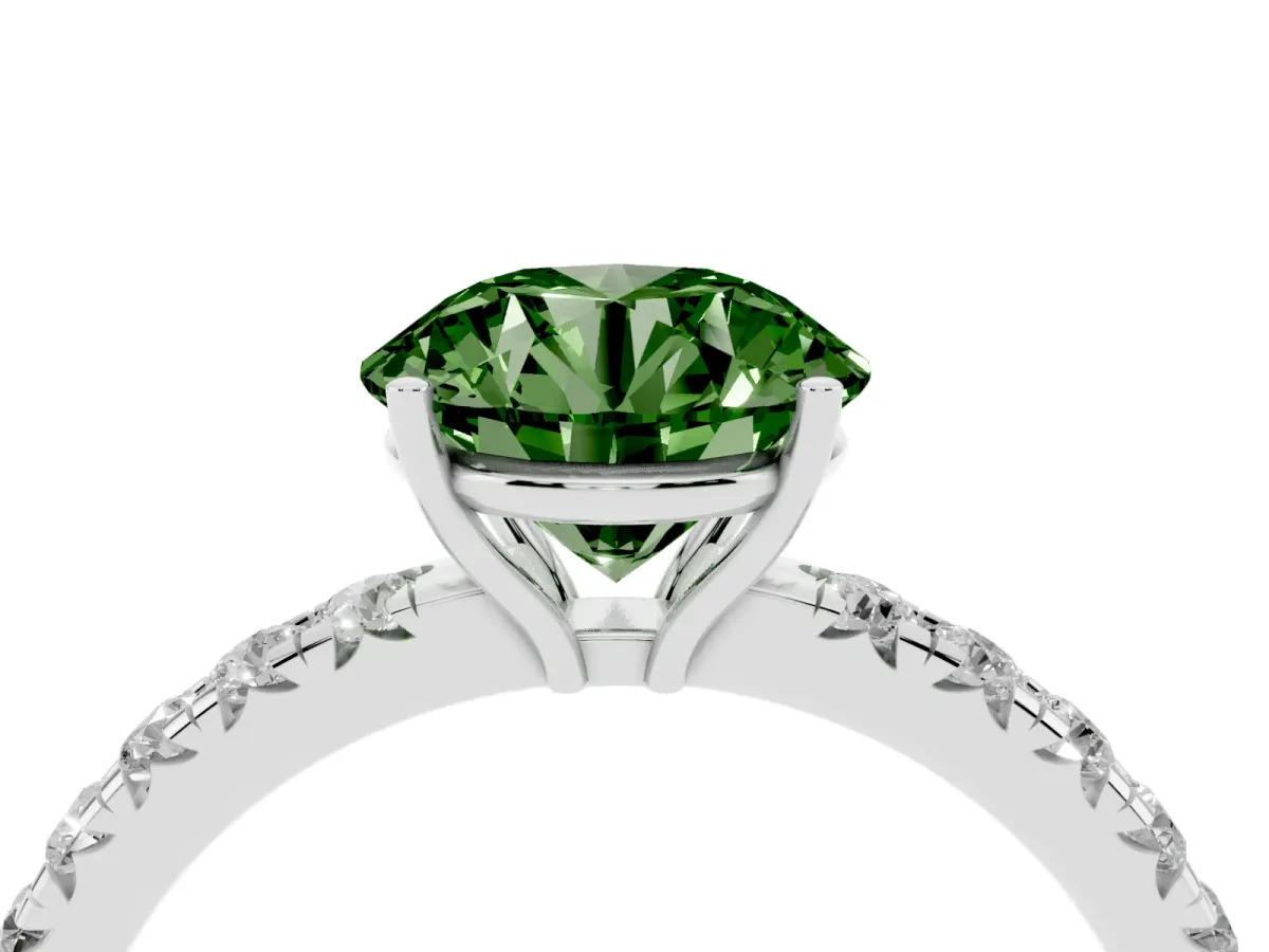 Fancy Green Round Cut Diamond Pavé Solitaire Engagement Ring with Four-Prong Setting Silver