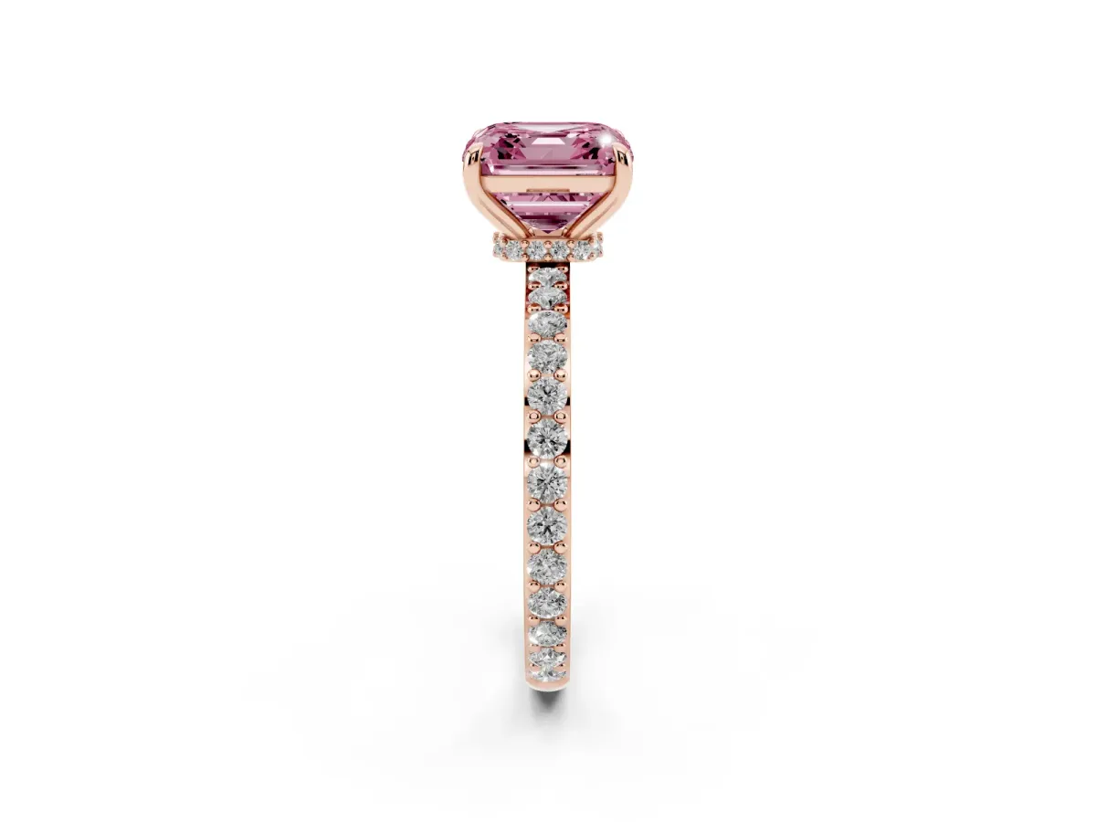 Fancy Pink Asscher Cut Diamond Solitaire Engagement Ring with Pavé Band and Four-Prong Setting Rose gold