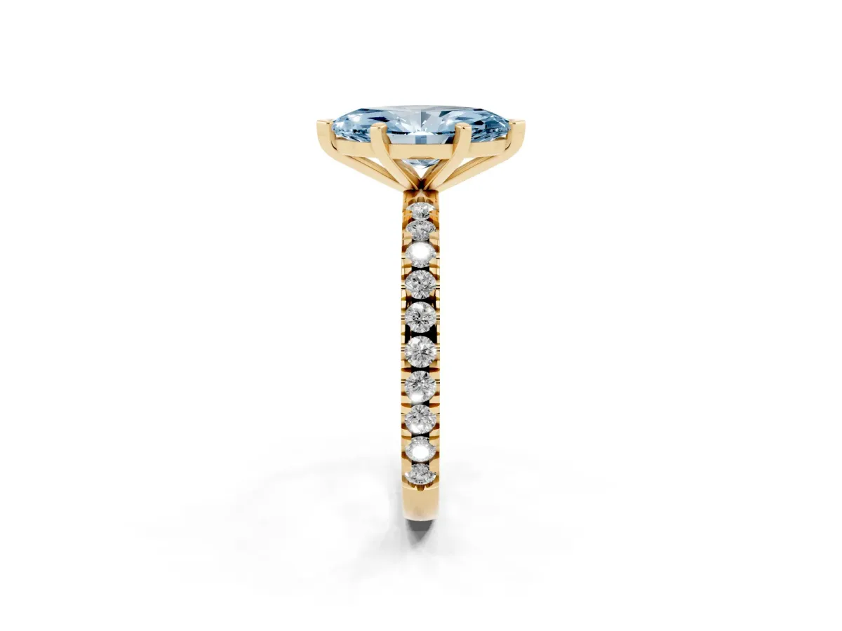Fancy Blue Marquise Cut Diamond Pavé Band Solitaire with Four-Prong Setting Yellow gold