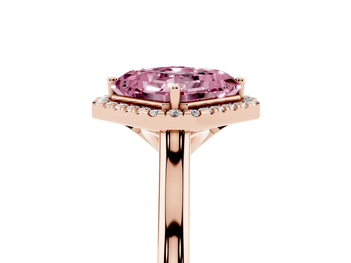 Fancy Pink Asscher Cut Halo Round Diamond Solitaire Engagement Ring with Pave Band and Four-Prong Setting Rose gold