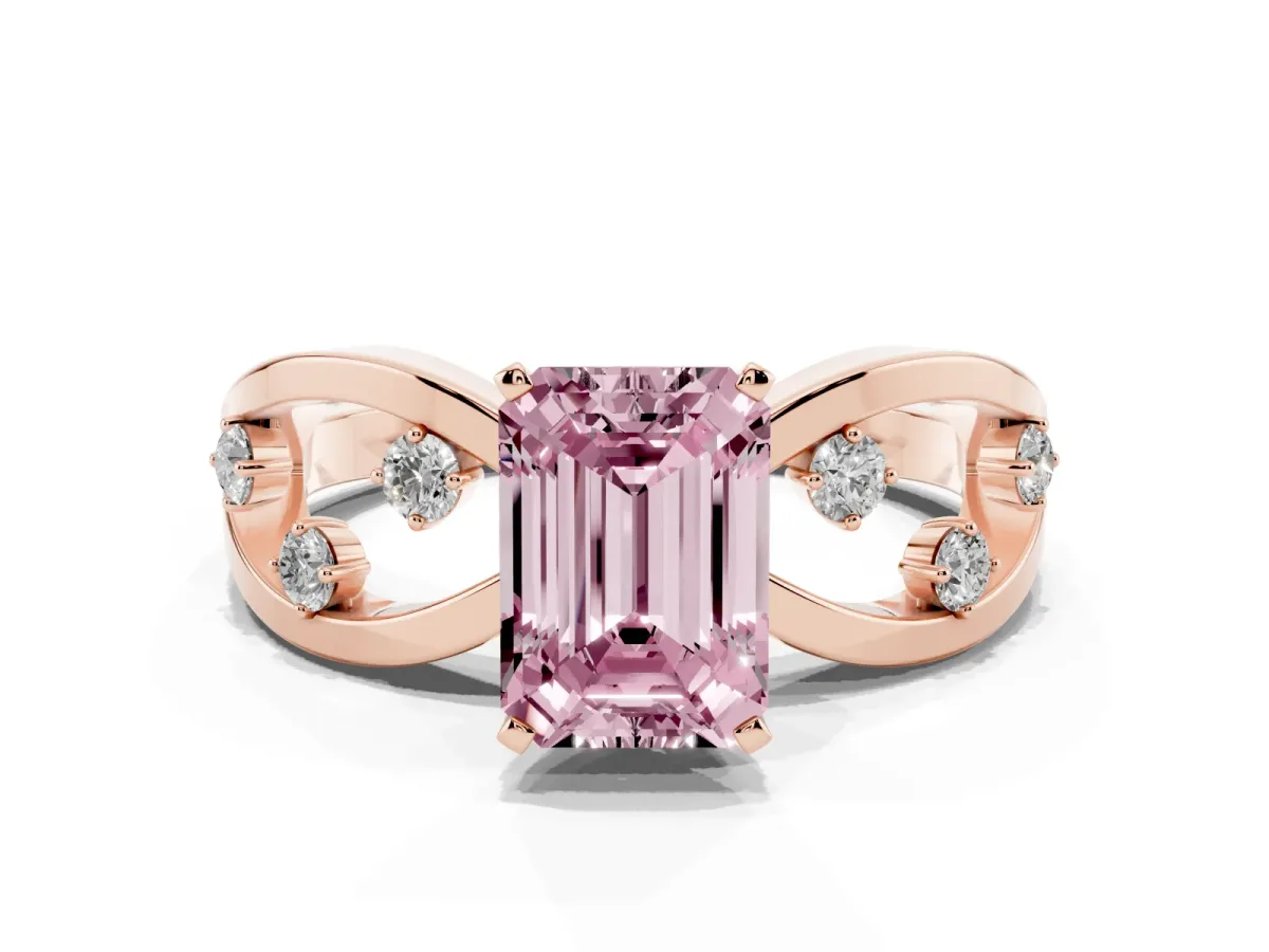 Fancy Pink Emerald Cut Cut Solitaire Diamond with Side Stones on Criss-Cross Band and Four-Prong Setting Rose gold
