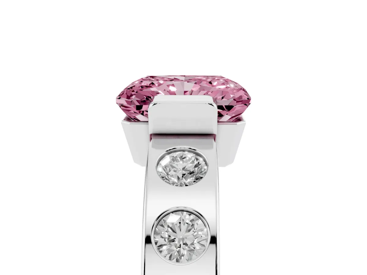 Fancy Pink Radiant Cut Brilliant Channel-Set Diamond Ring with Bezel Prong Setting Silver