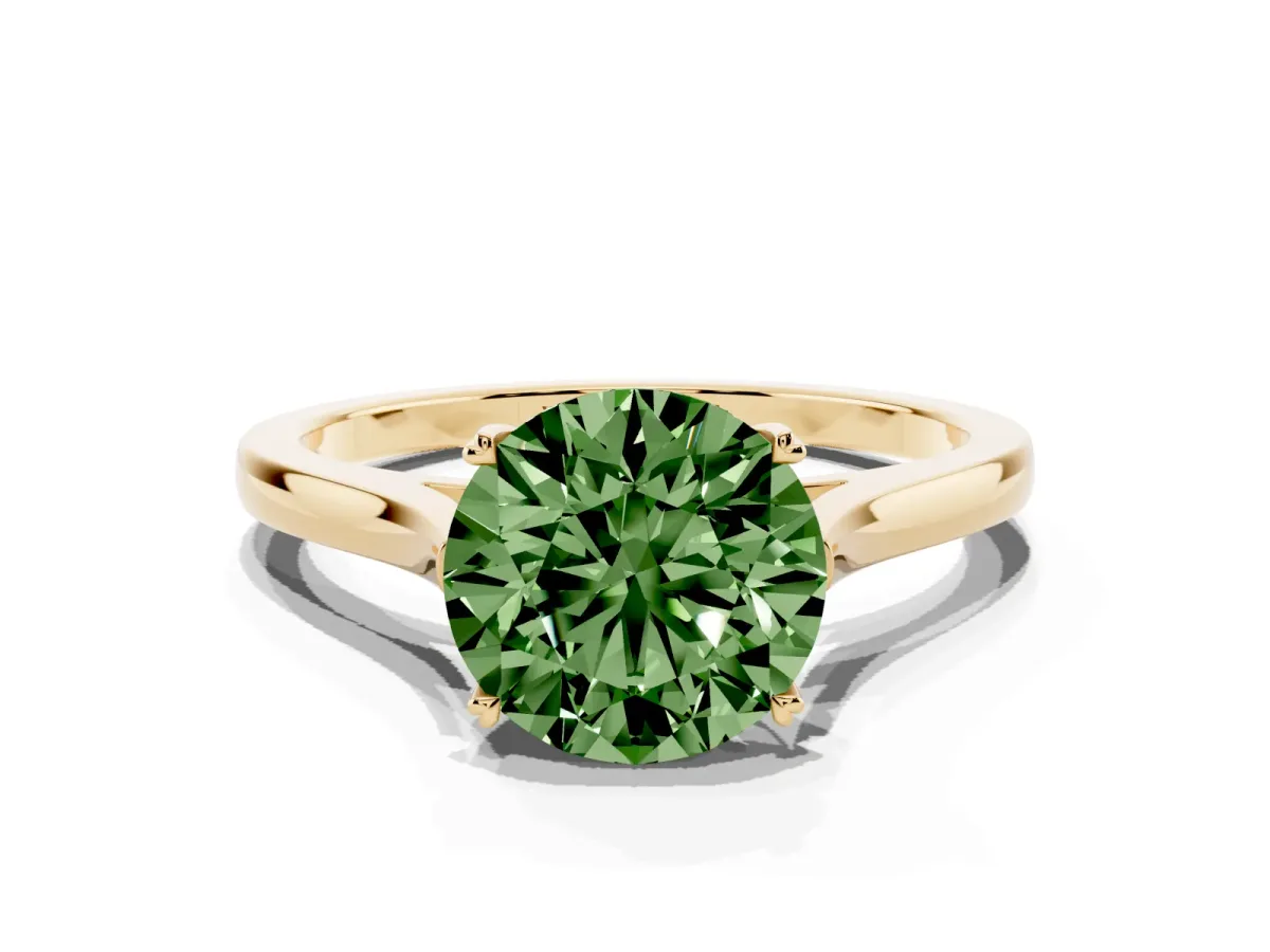 Fancy Green Round Cut Solitaire Heart Prong Engagement Ring with Tapered Band Yellow gold