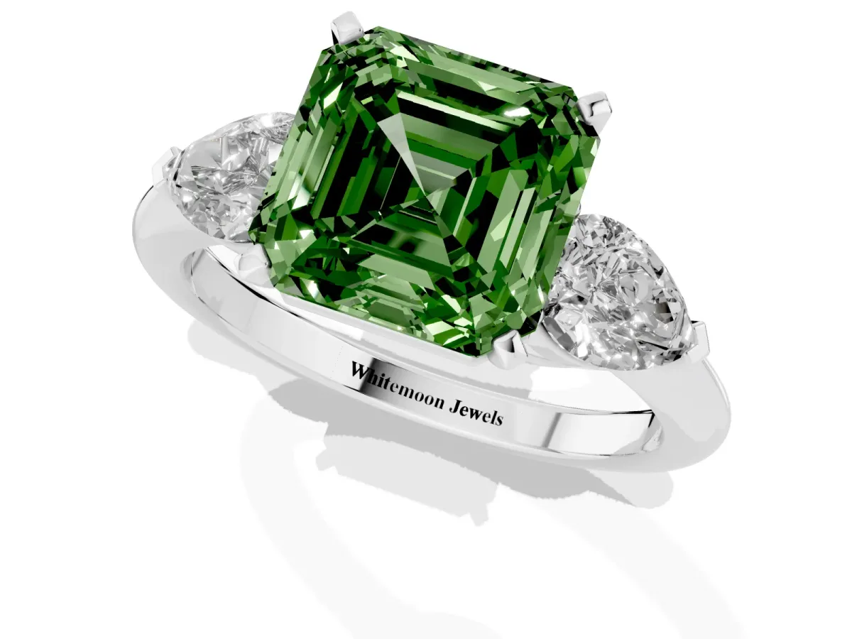 Fancy Green Three-Stone Asscher Cut Diamond Ring with Pear Side Stones and Four-Prong Setting Silver