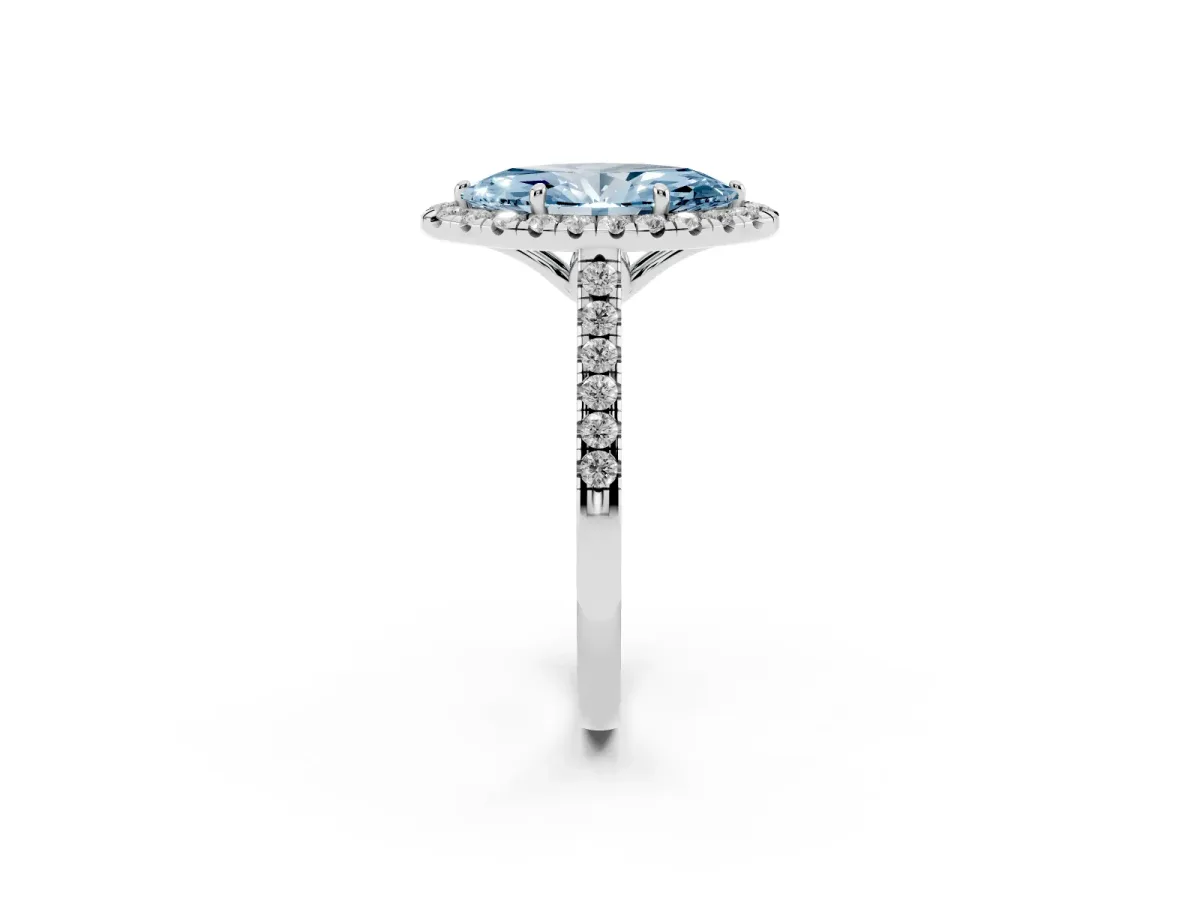 Fancy Blue Marquise Cut Halo Pavé Diamond Engagement Ring with Four-Prong Setting Platinum