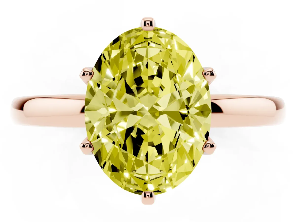 Fancy Yellow Oval Cut Solitaire Diamond Ring with Six-Prong Setting on a Classic Band Rose gold