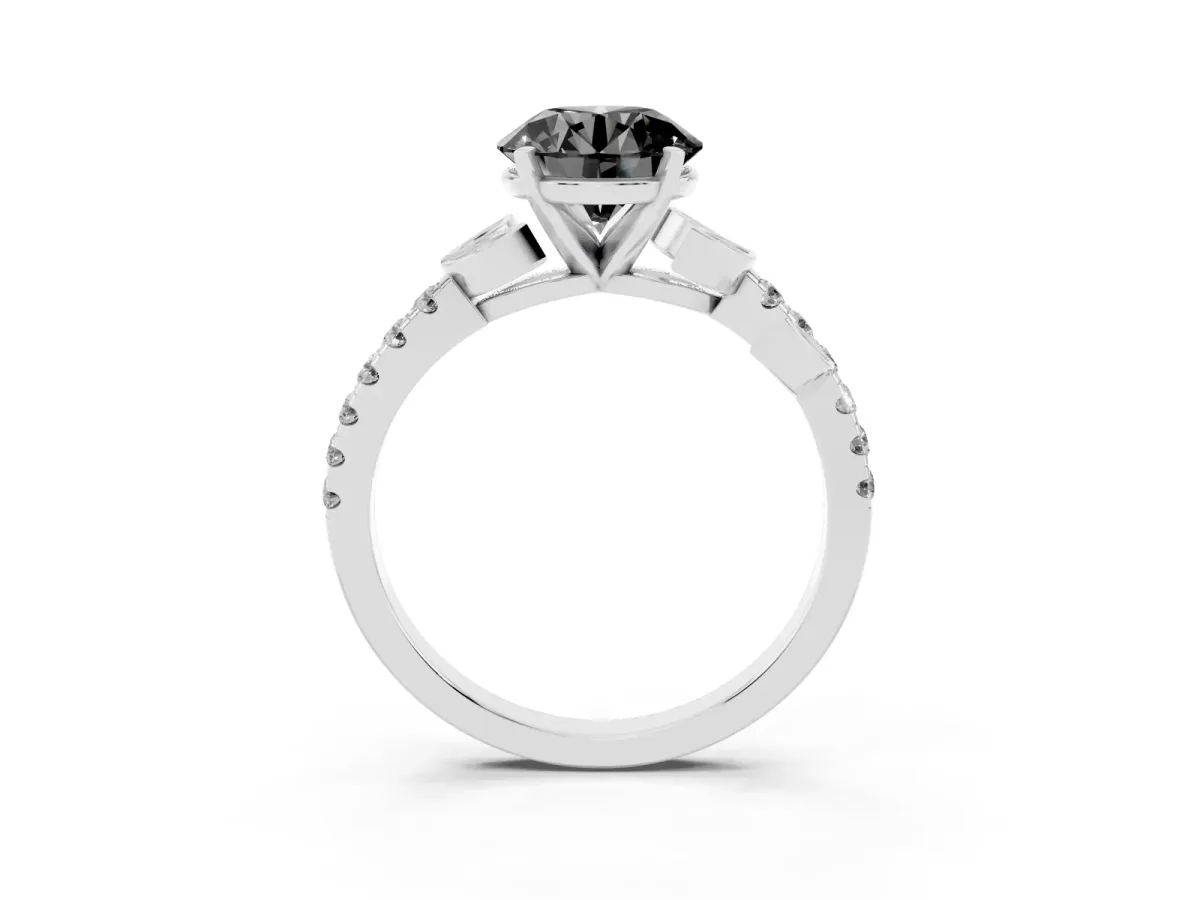 Fancy Black Round Cut Solitaire Leaf-Inspired Diamond Ring with Pavé Band and Four-Prong Setting Silver