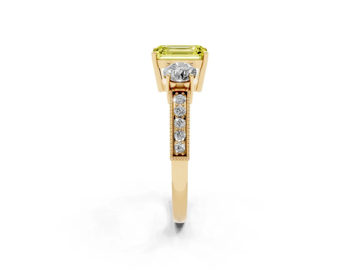 Fancy Yellow Emerald Cut Three-Stone Diamond Ring with Pavé Band and Four-Prong Setting Yellow gold
