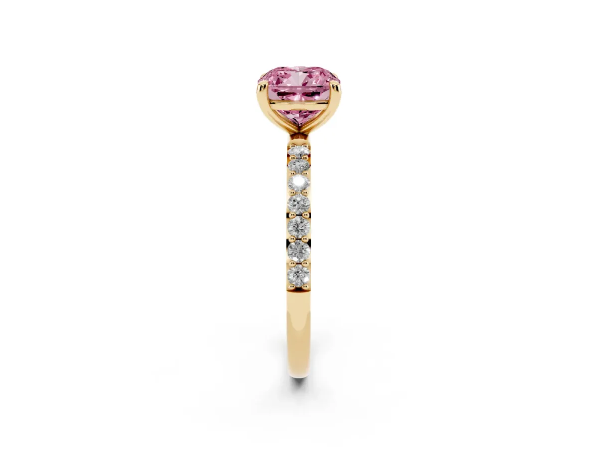 Fancy Pink Cushion Cut Diamond Solitaire Ring with Round Pavé Band and Prong Setting Yellow gold