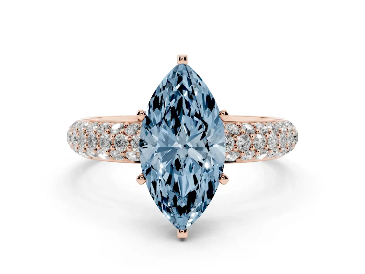 Fancy Blue Marquise Cut Diamond Solitaire Ring with Prong Setting and Pavé Band Rose gold