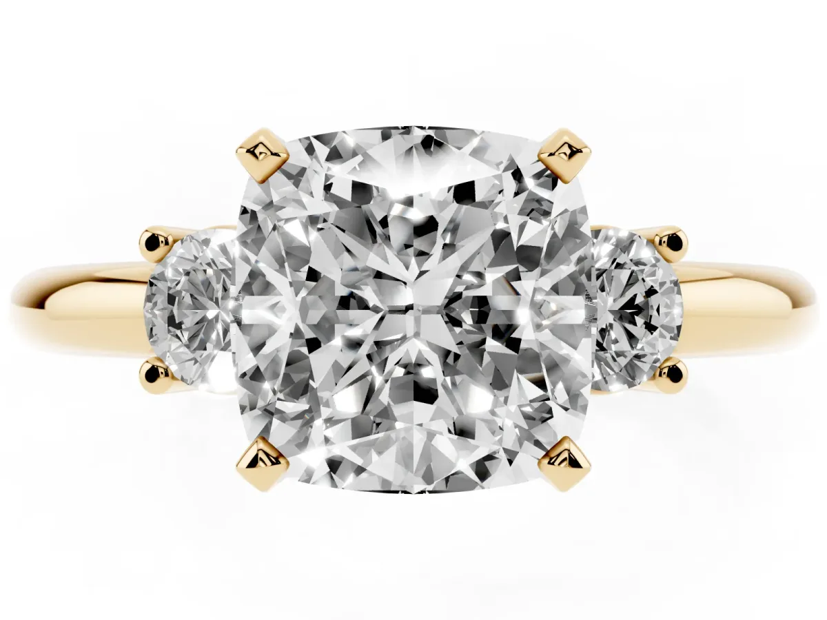 Three-Stone Cushion Cut Cut Diamond Solitaire with Prong Setting and Classic Band Yellow gold