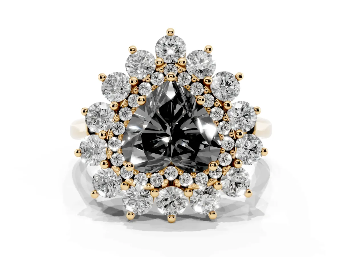 Fancy Black Heart Cut Diamond Floral Double Halo Engagement Ring with Prong Setting Yellow gold