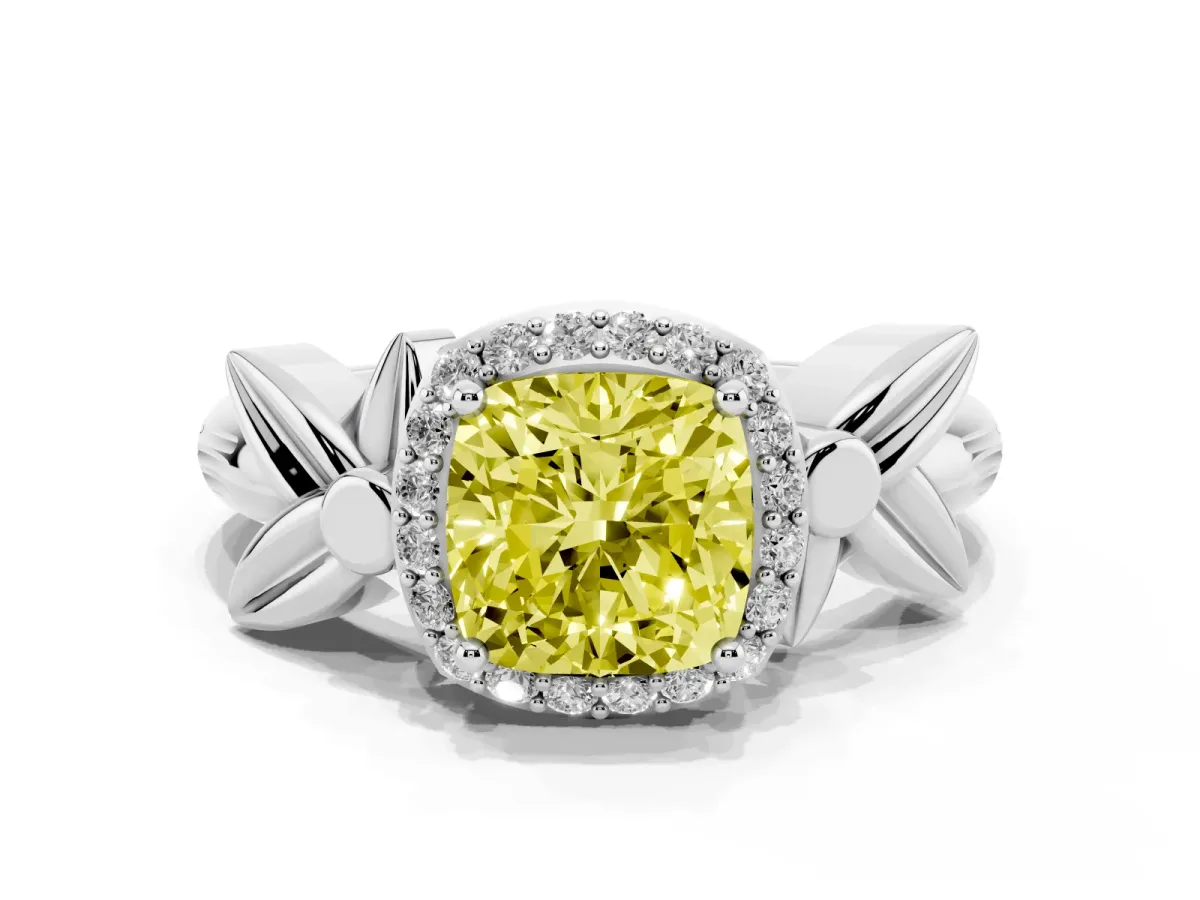 Fancy Yellow Cushion Cut Halo Diamond Floral Band with Four-Prong Setting Platinum