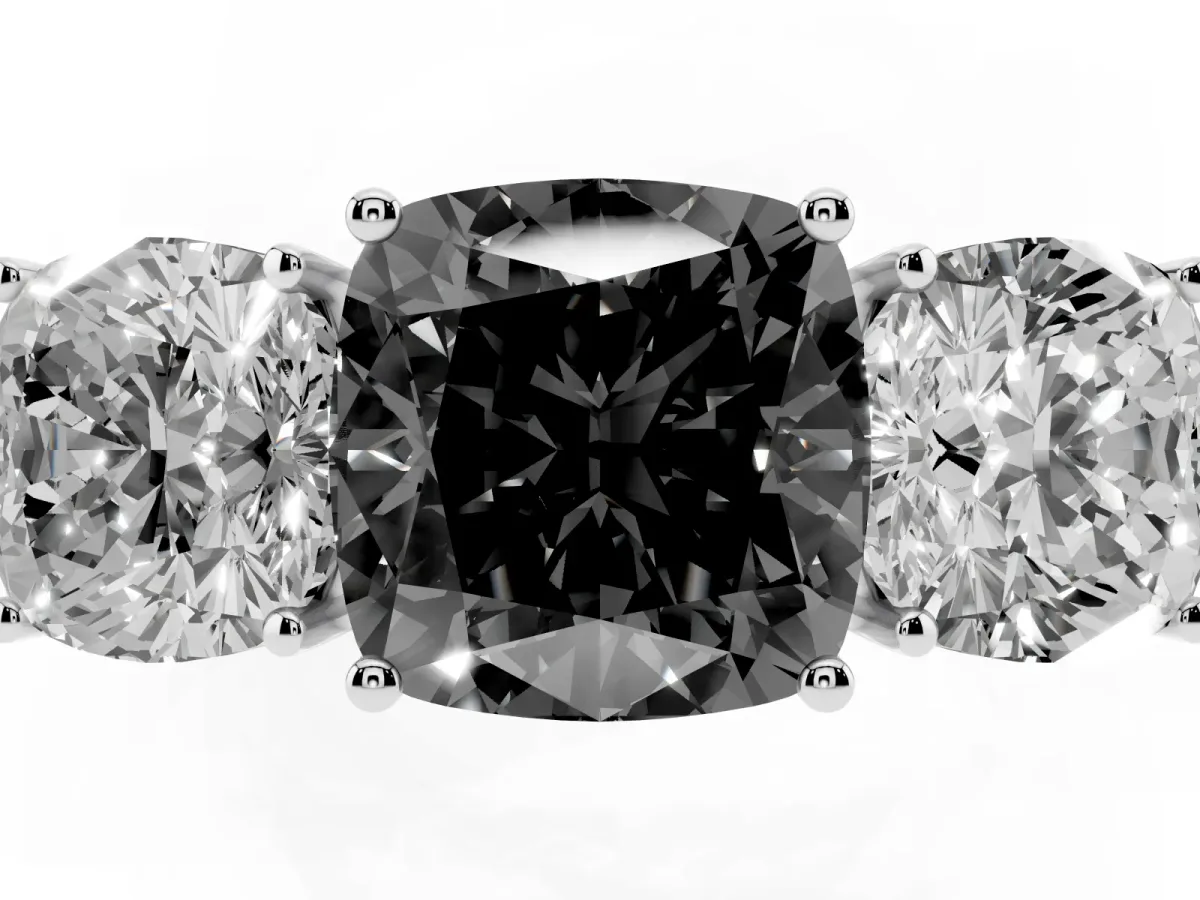 Fancy Black Cushion Cut Diamond Three-Stone Ring with Prong Setting and Textured Band Platinum