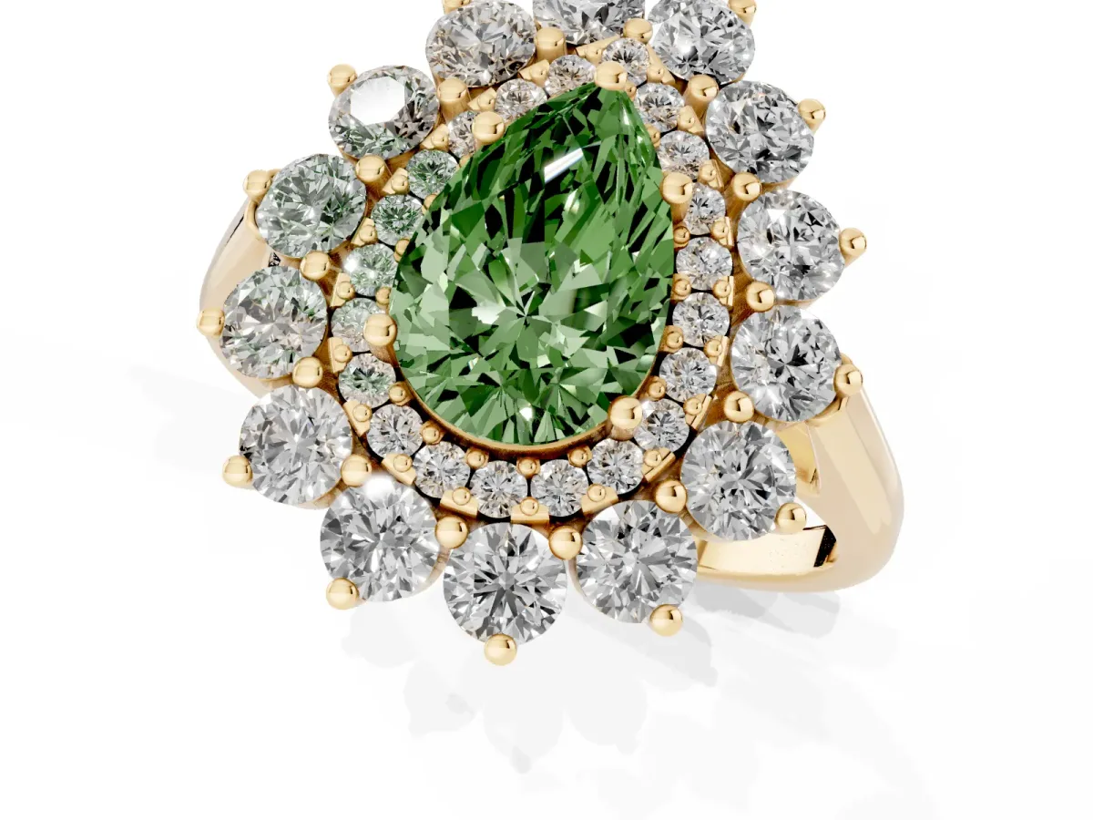 Fancy Green Pear Cut Diamond Floral Double Halo Engagement Ring with Prong Setting Yellow gold