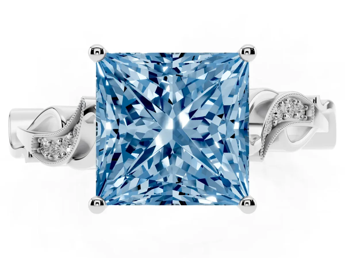 Fancy Blue Princess Cut Solitaire Vine Band with Milgrain Prong Setting Silver