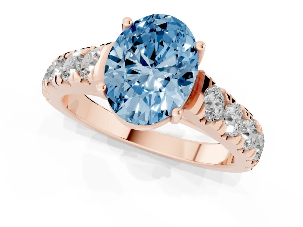 Fancy Blue Oval Cut Cut Diamond Solitaire Ring with Micro Pave Band and Prong Setting Rose gold