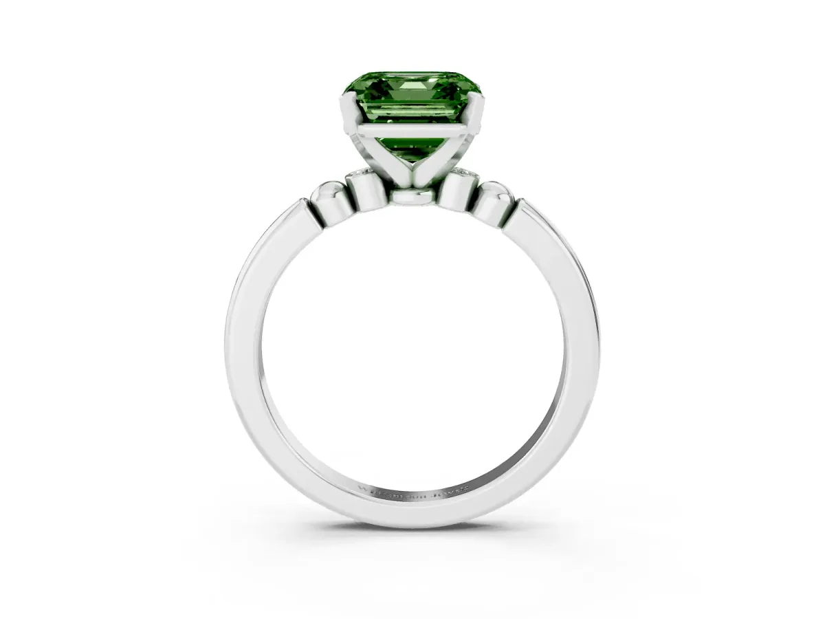Fancy Green Asscher Cut Solitaire Beaded Band with Four-Prong Setting Silver