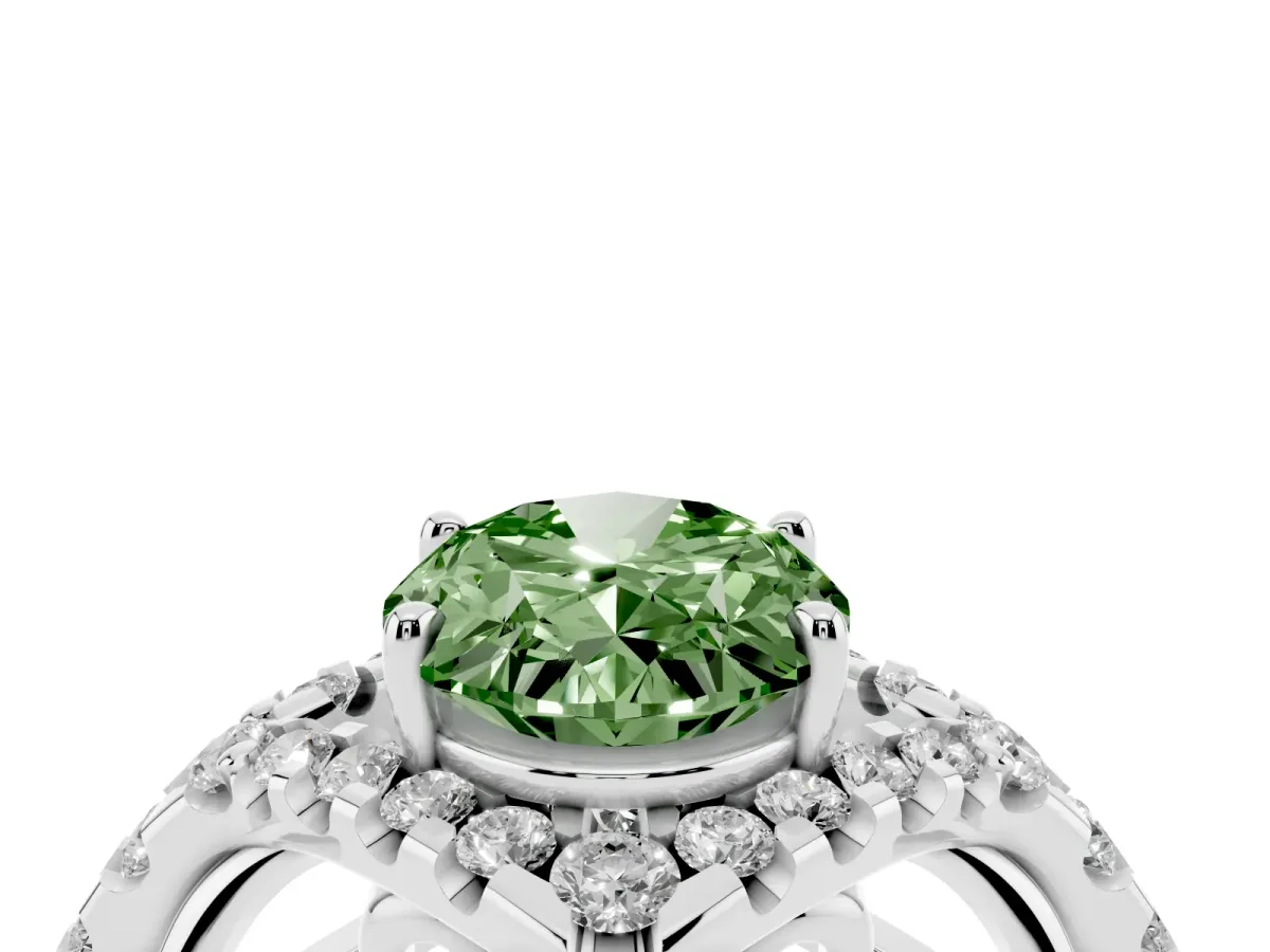 Fancy Green Oval Cut Diamond Solitaire Ring with Hidden Halo and Pavé Band Silver