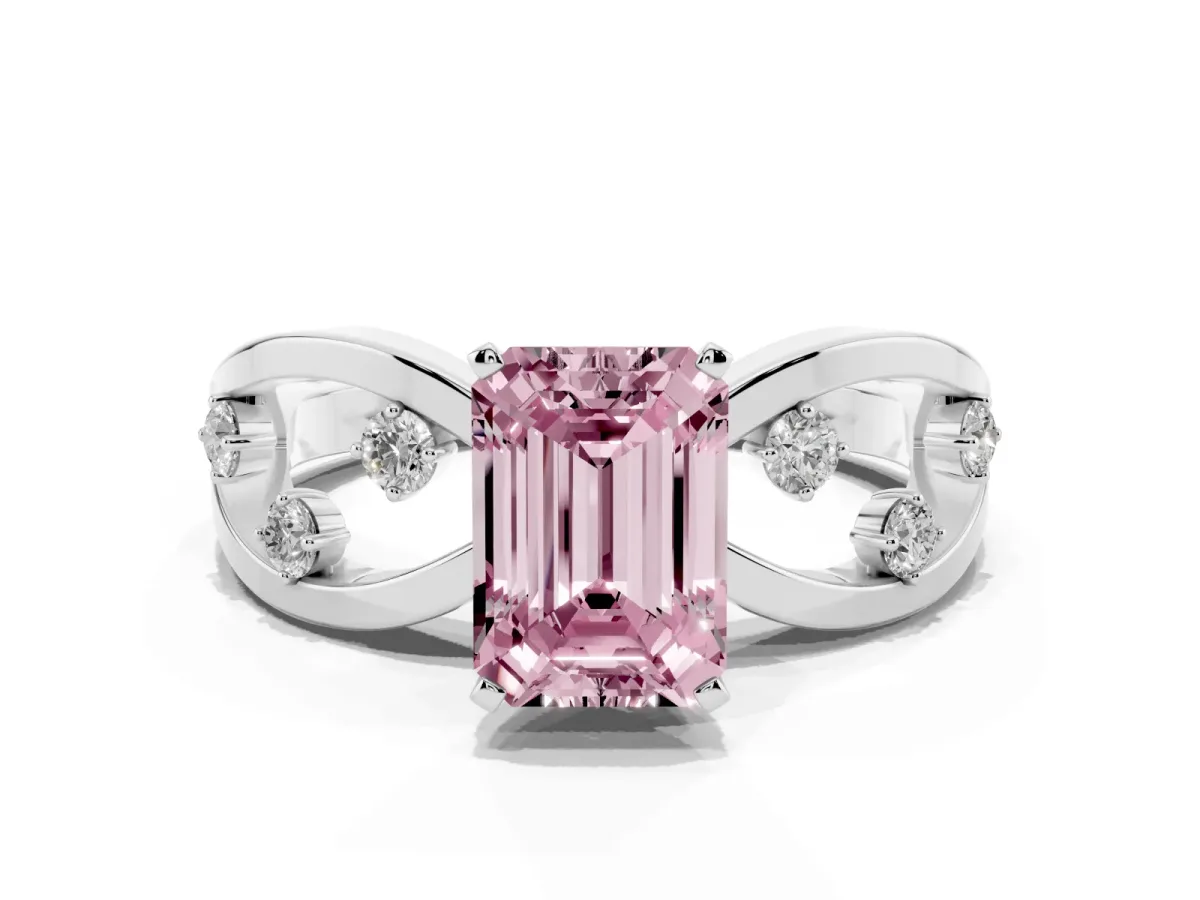 Fancy Pink Emerald Cut Cut Solitaire Diamond with Side Stones on Criss-Cross Band and Four-Prong Setting Silver
