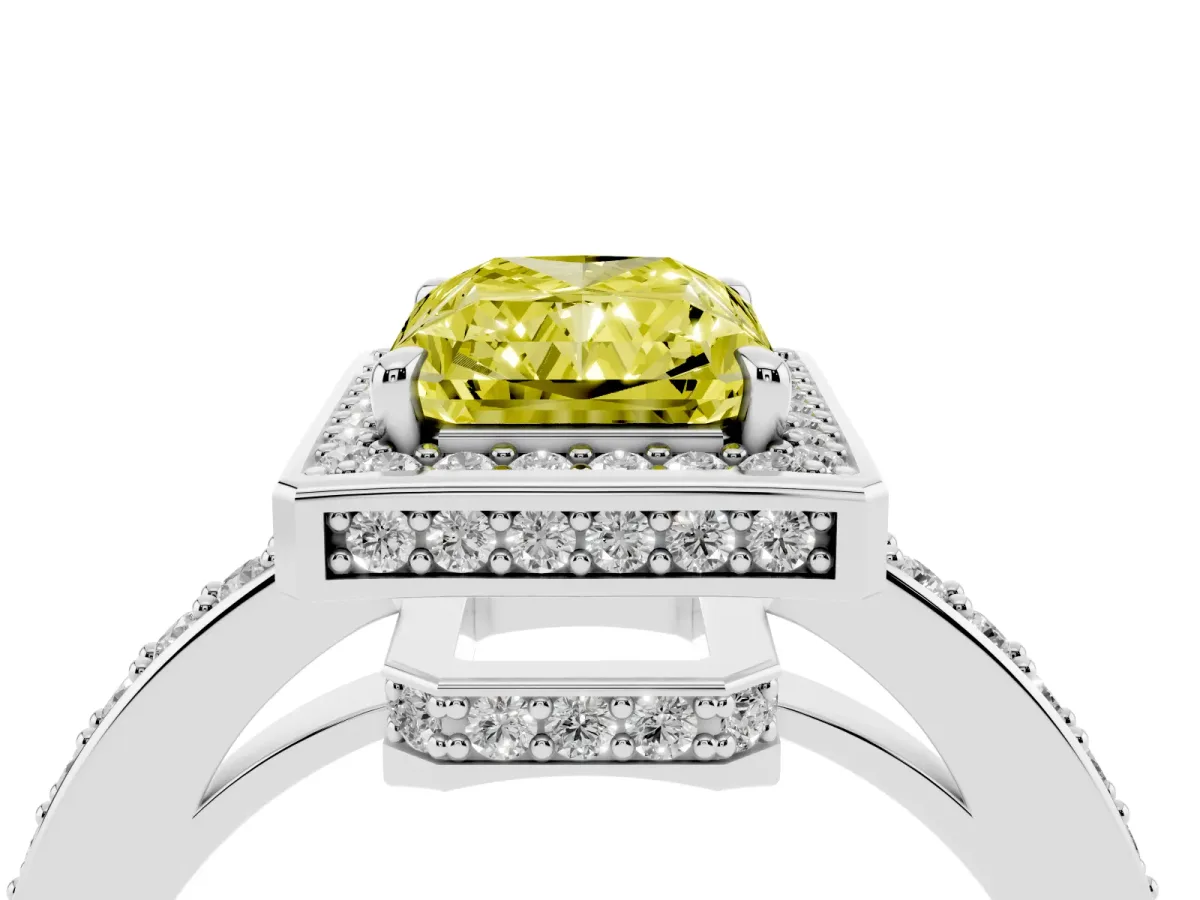 Fancy Yellow Radiant Cut Halo Pave Band Solitaire Ring with Prong Setting Silver
