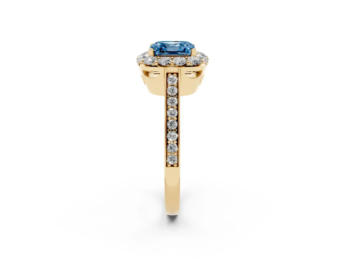Fancy Blue Asscher Cut Diamond Floral Halo Ring with Pavé Band and Prong Setting Yellow gold