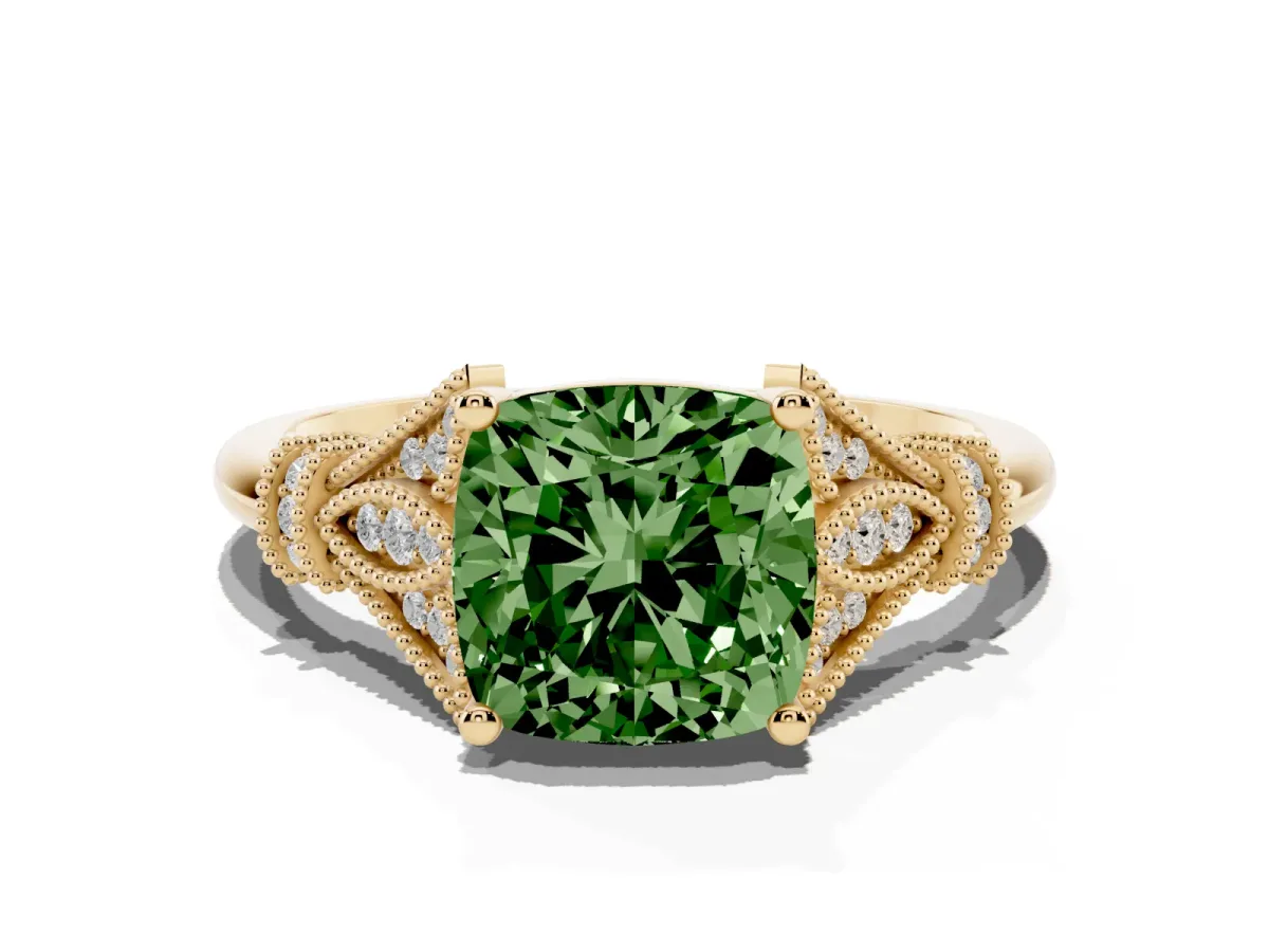 Fancy Green Cushion Cut Diamond Solitaire Ring with Floral Filigree and Pave Accents Yellow gold